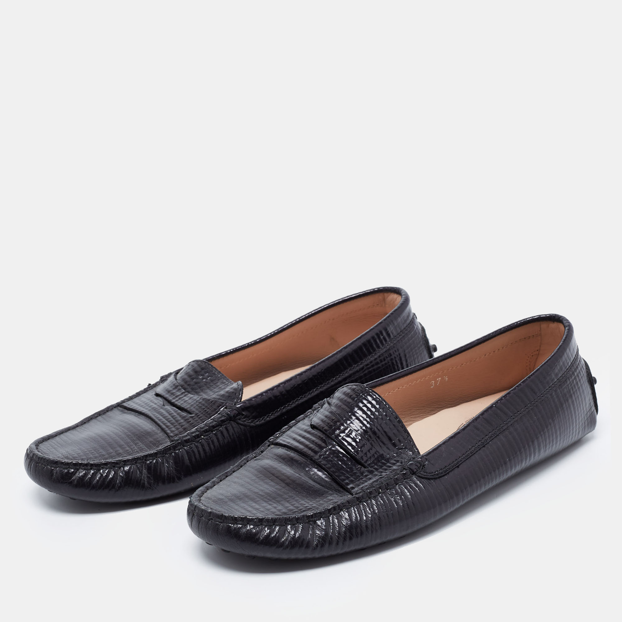 

Tod's Black Textured Leather Penny Loafers Size