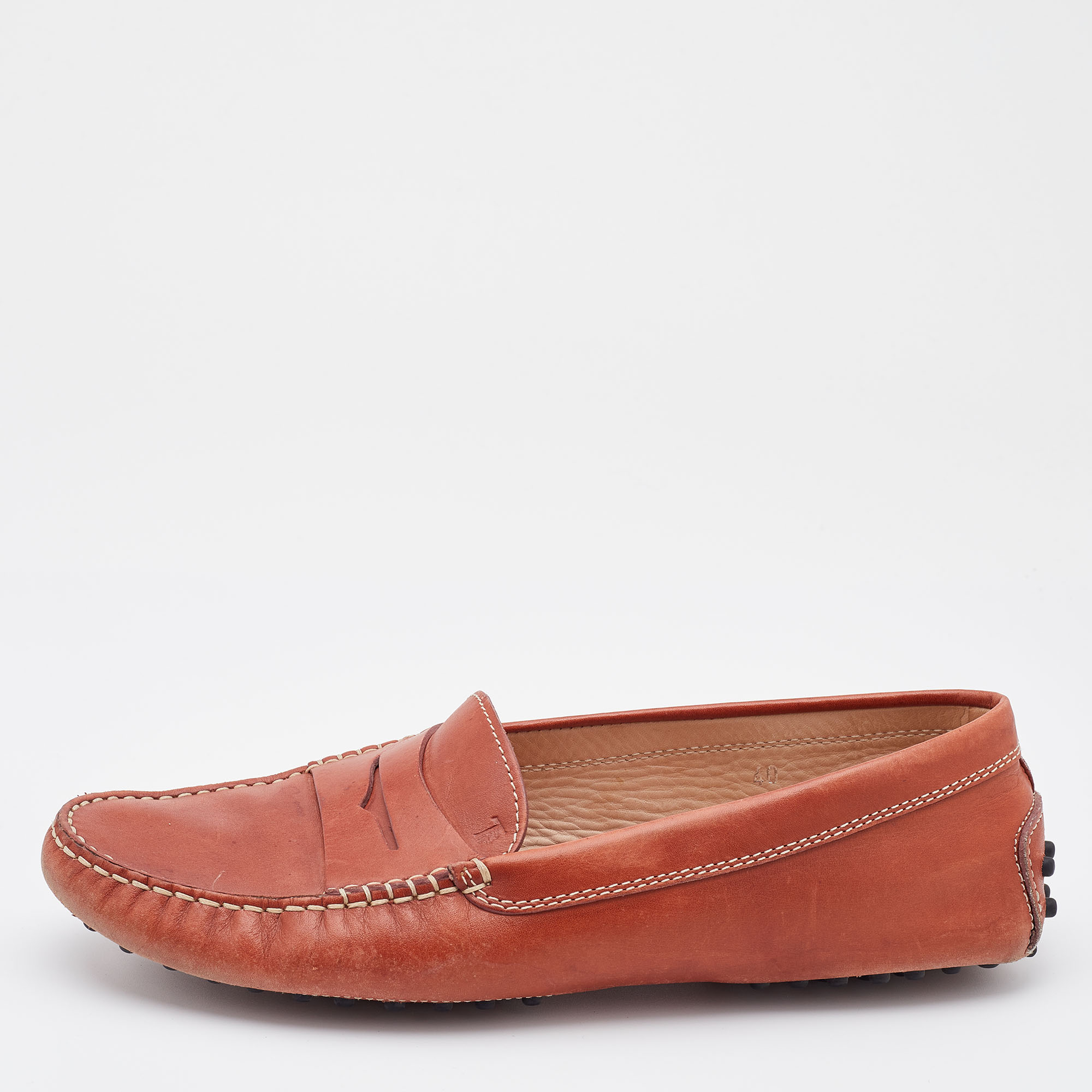 

Tod's Rust Orange Leather City Gommino Slip On Loafers Size
