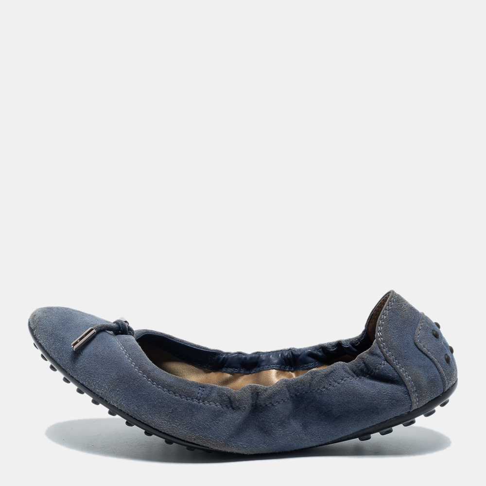 

Tod's Blue Suede Bow Scrunch Ballet Flats Size