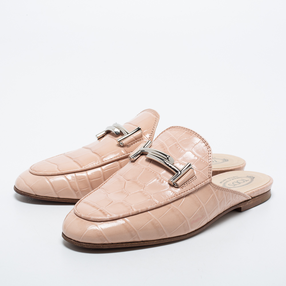 

Tod Beige Croc Embossed Double T Leather Mules Size