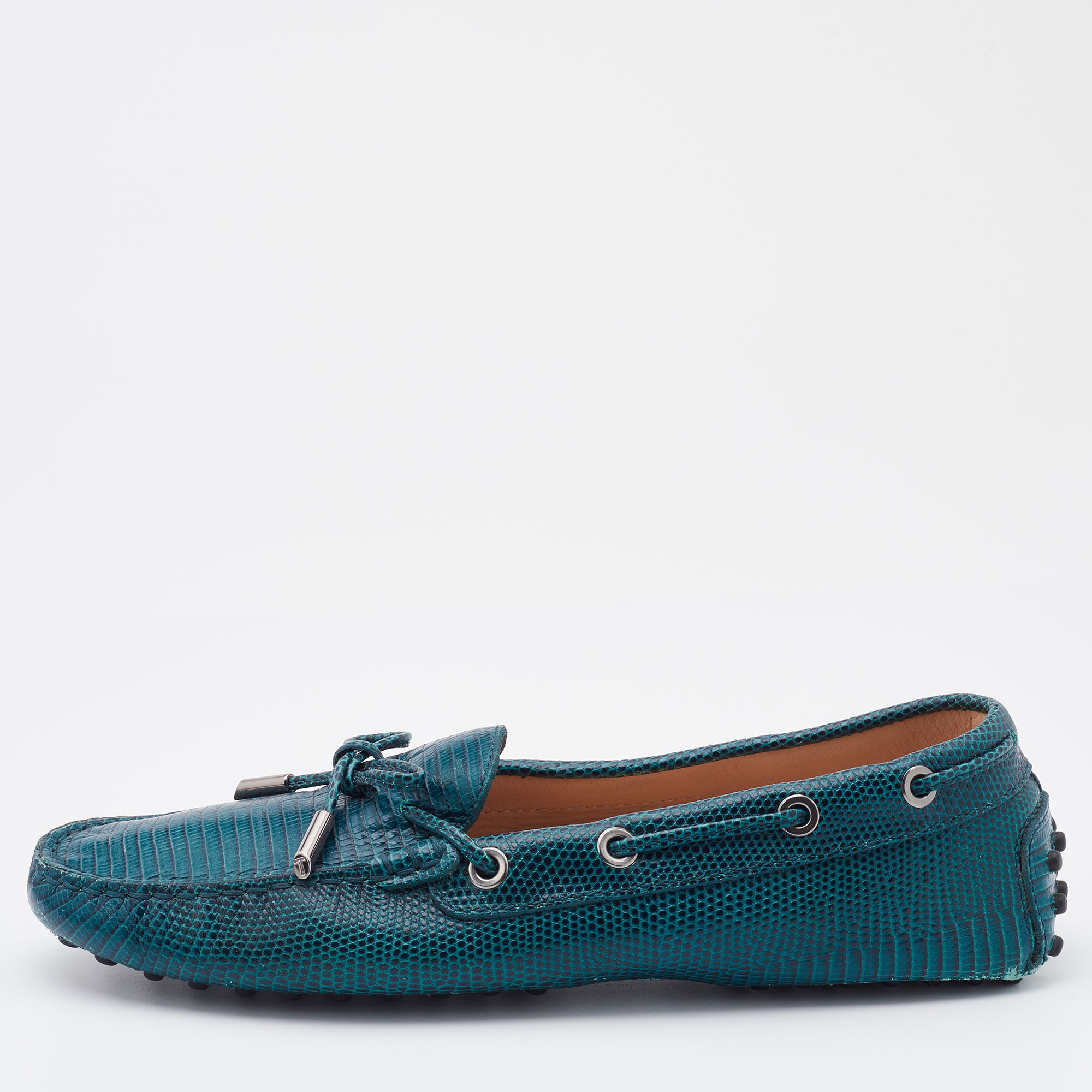 

Tod's Teal Blue Lizard Embossed Leather Bow Slip On Loafers Size