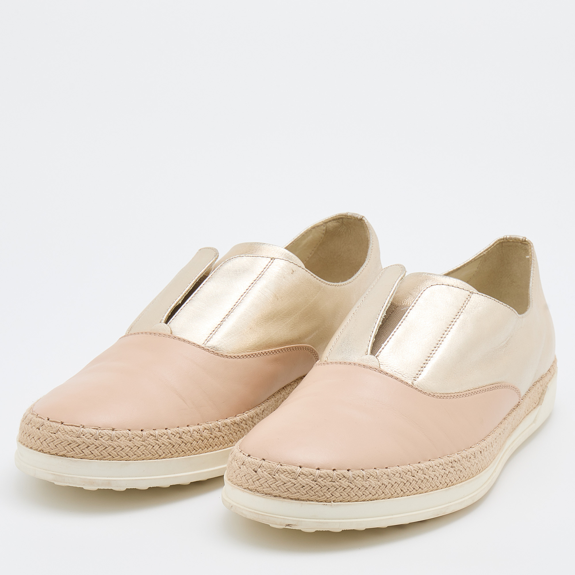 

Tod's Cream/Gold Leather Francesina Espadrille Slip On Sneakers Size