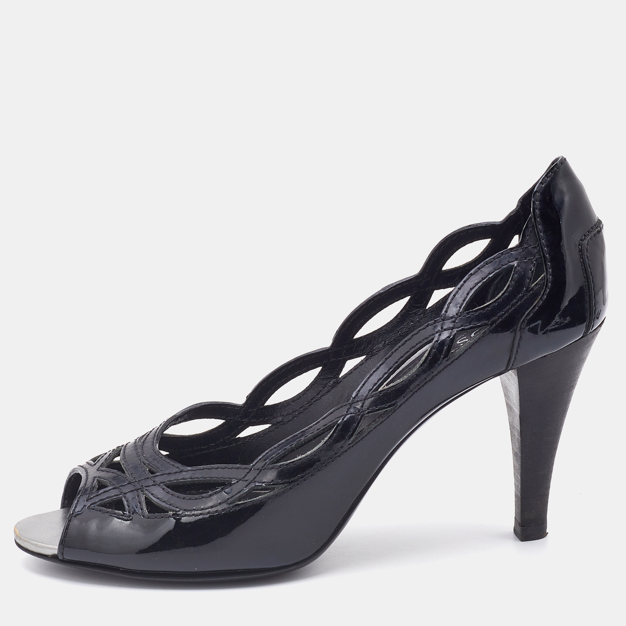 

Tod's Black Patent Leather Cut-Out Peep Toe Pumps Size