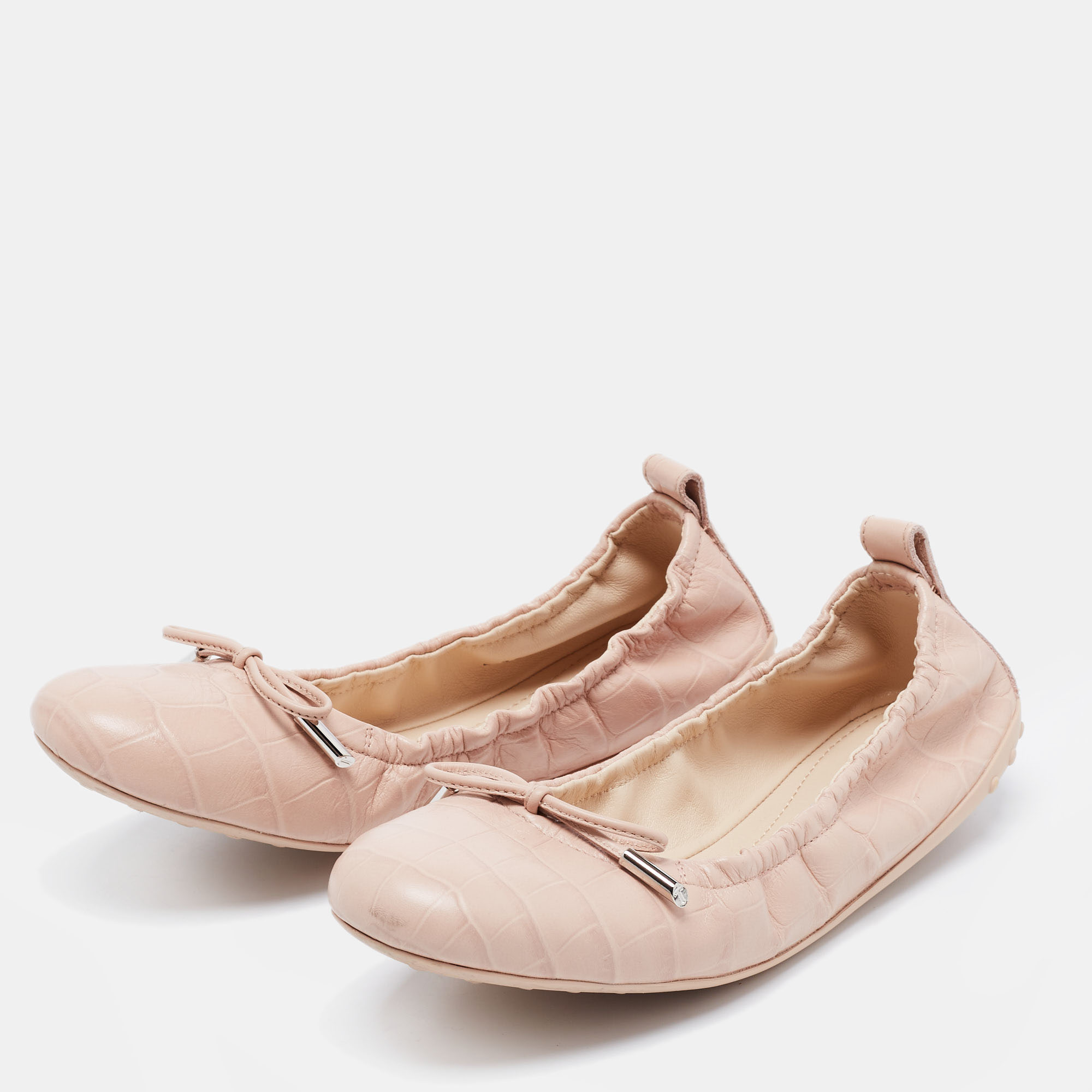 

Tod's Pink Croc Embossed Leather Bow Srunch Ballet Flats Size