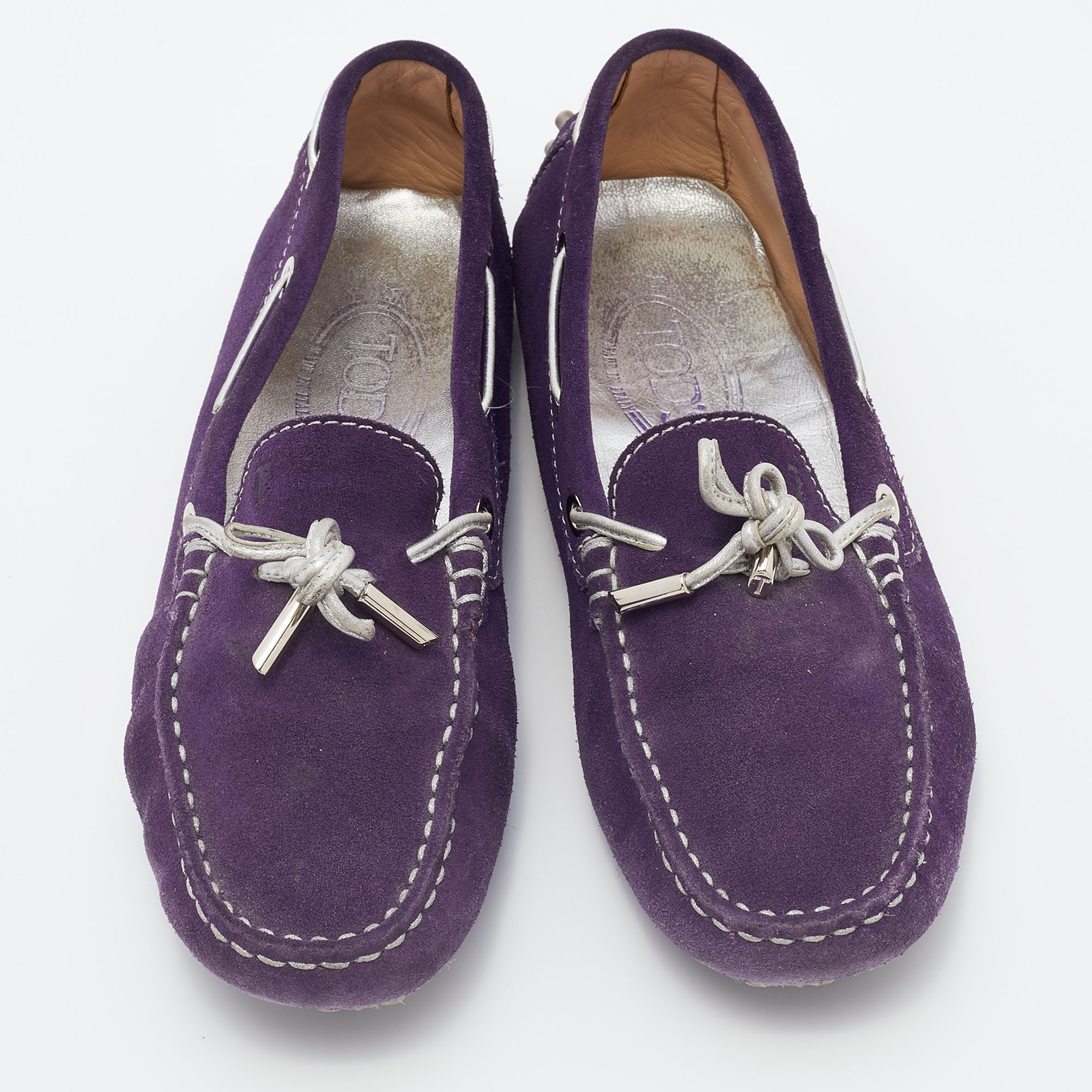 Tod`s Purple/Silver Suede and Leather Bow Slip On Loafers Size 37 