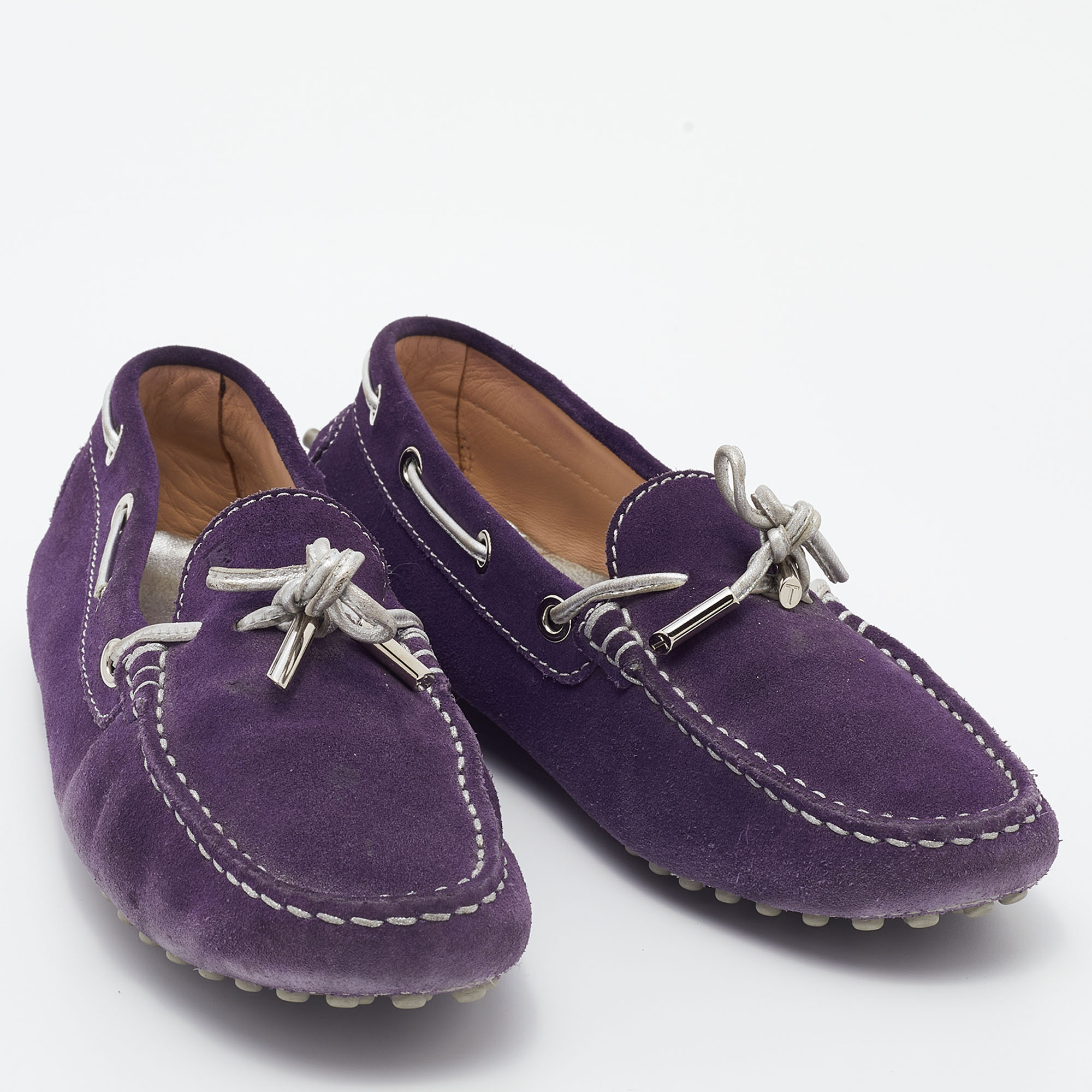 Tod`s Purple/Silver Suede and Leather Bow Slip On Loafers Size 37 