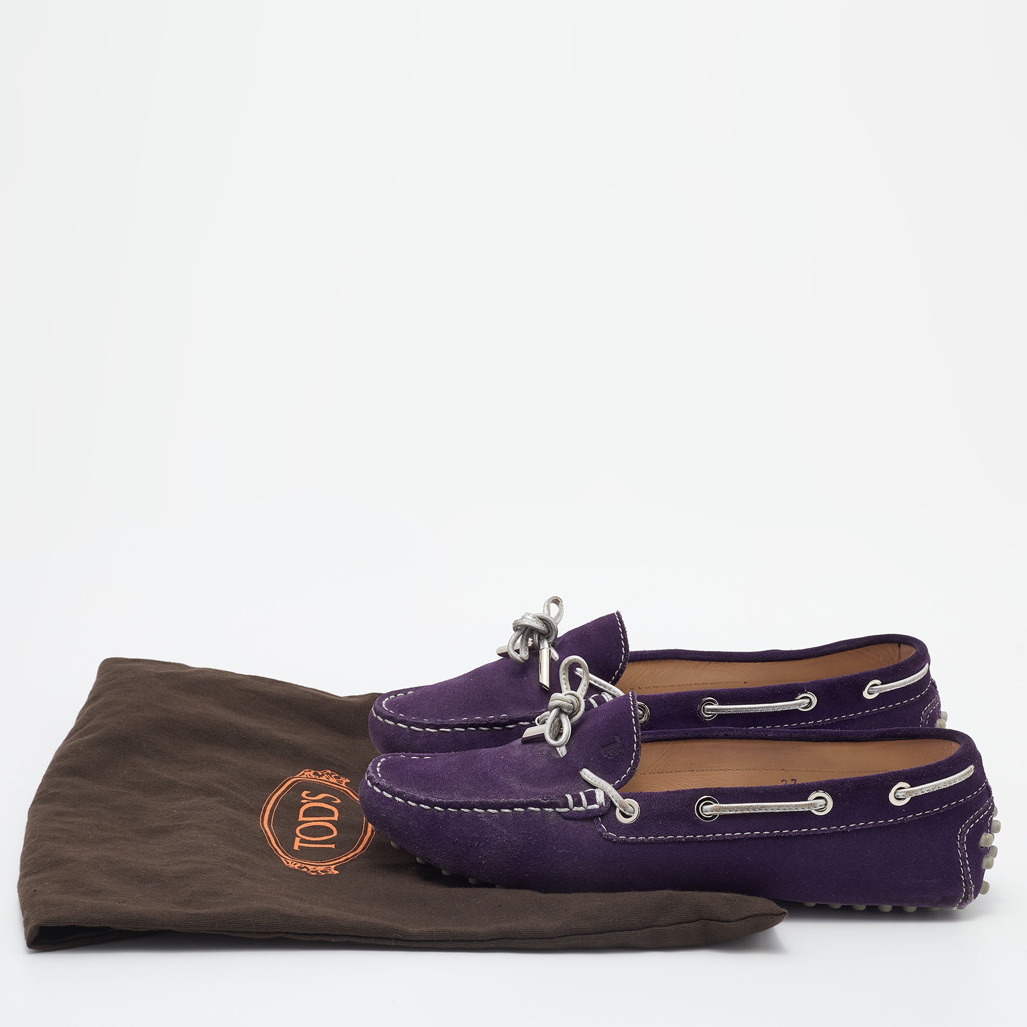 Tod`s Purple/Silver Suede and Leather Bow Slip On Loafers Size 37 