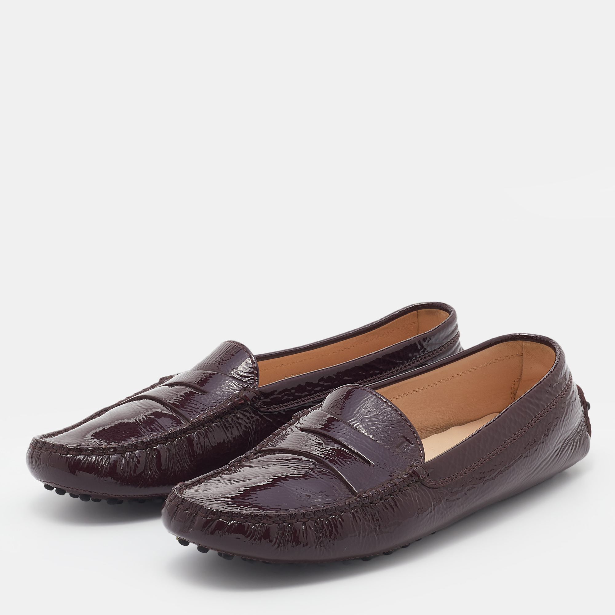 

Tod's Burgundy Patent Leather Penny Slip On Loafers Size