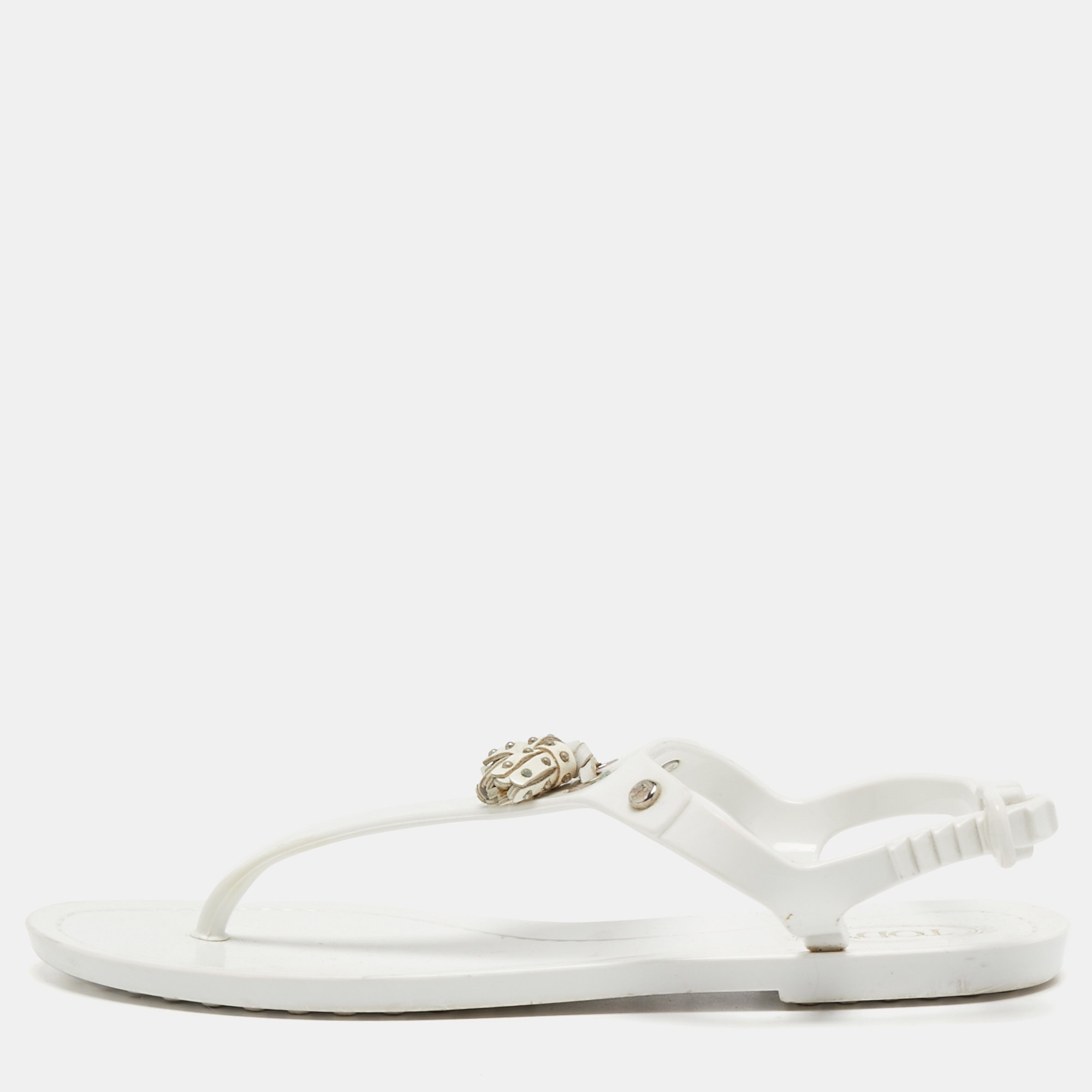 Pre-owned Tod's White Rubber Fringe Bow Thong Flat Sandals Size 36