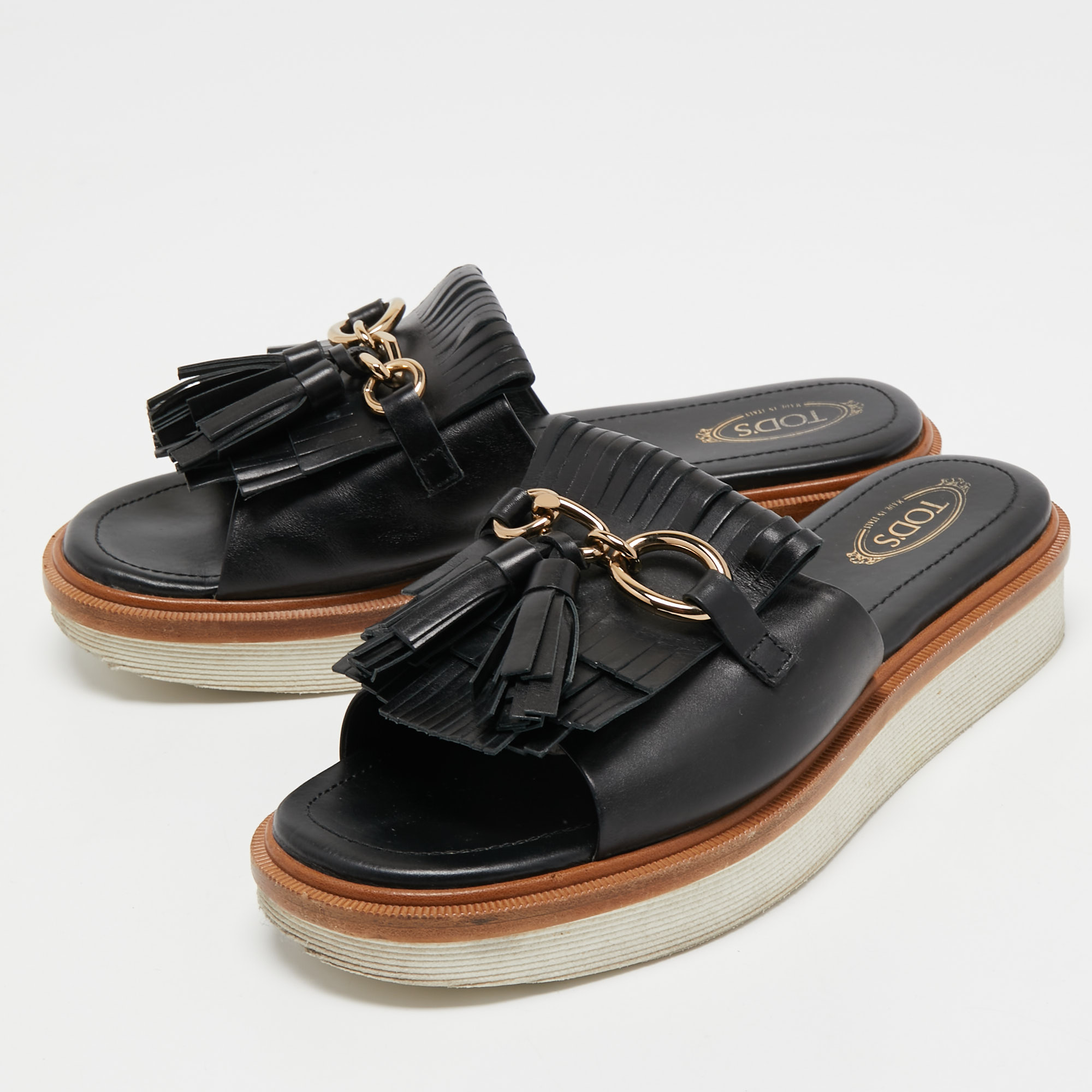 

Tod's Black Leather Tassel Fringe Detail Platform Slide Sandals Size