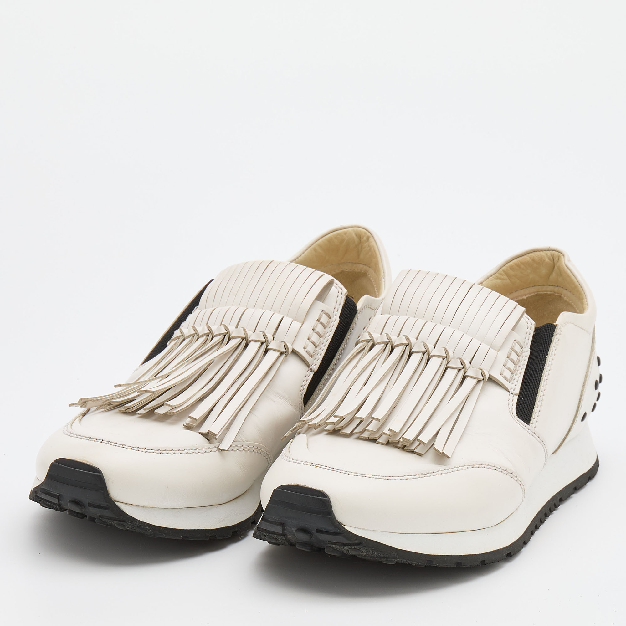 

Tod's White Leather Fringe Slip On Sneakers Size