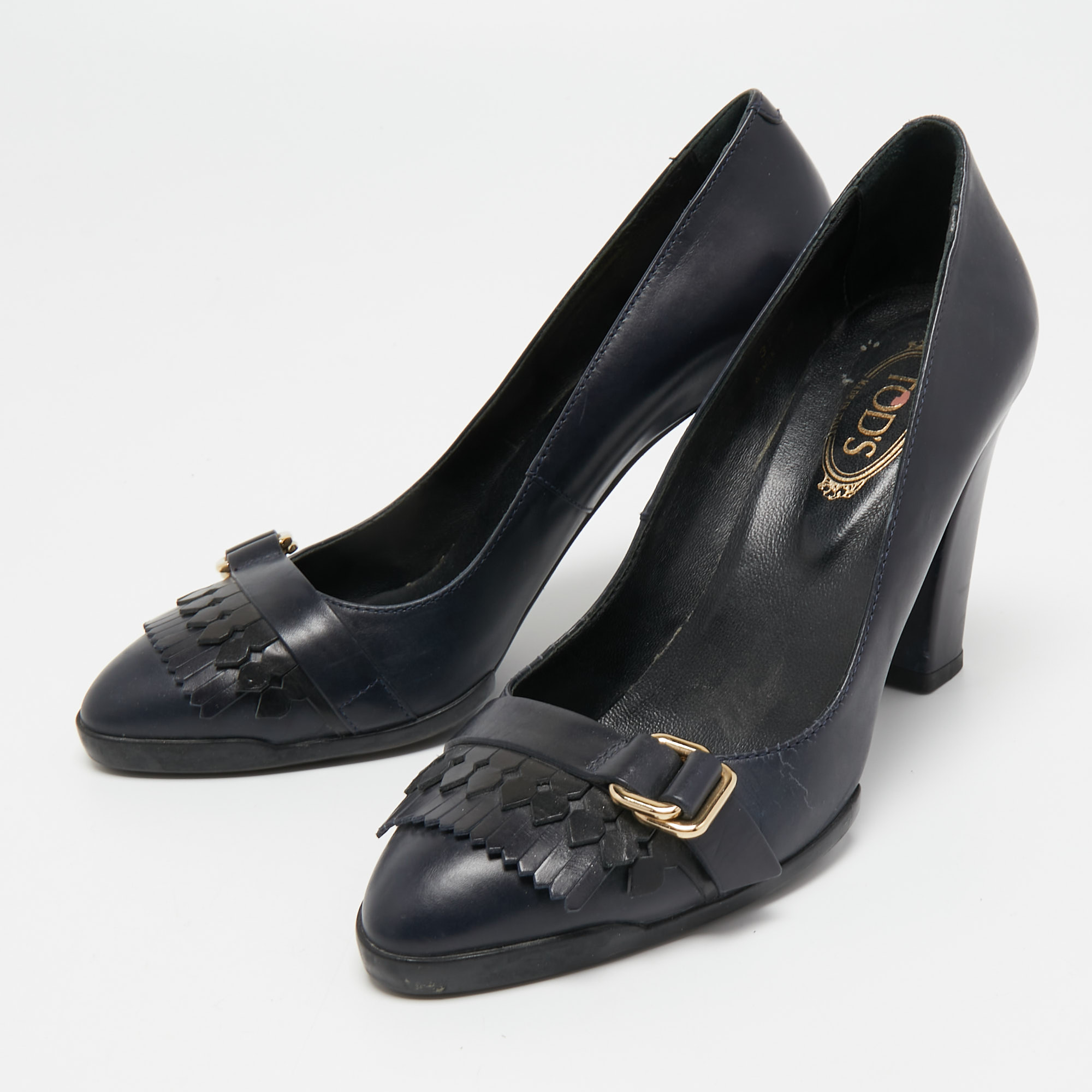 

Tod's Navy Blue Leather Fringe Pumps Size