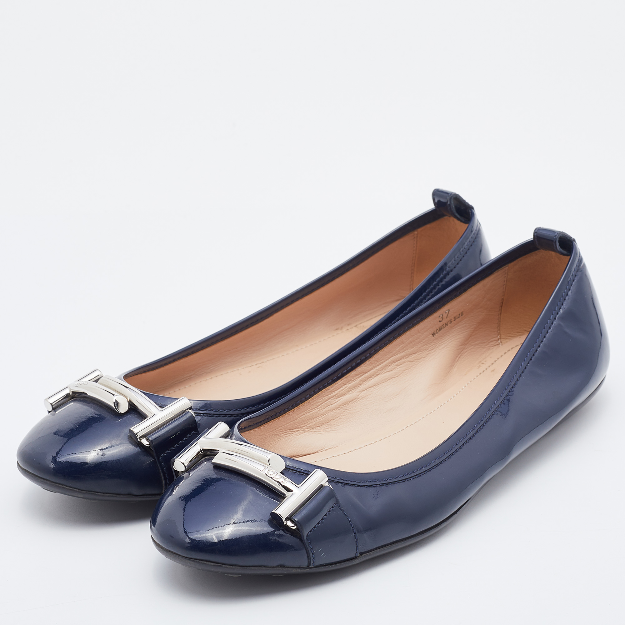 

Tod's Navy Blue Patent Leather Double T Ballet Flats Size