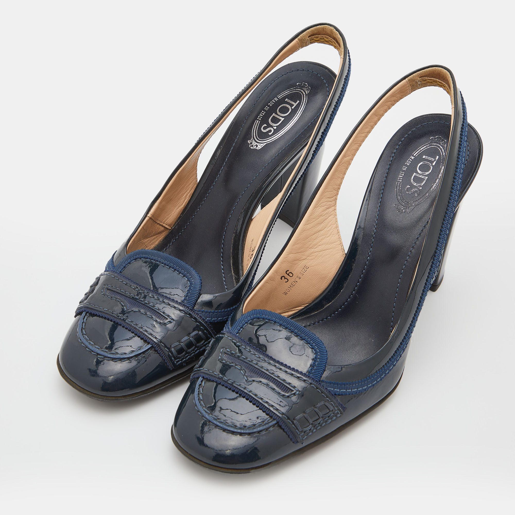

Tod's Navy Blue Patent Leather Loafers Slingback Pumps Size