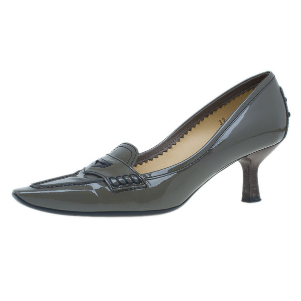 Pre Owned Tod’s Grey Patent Pointed Toe Penny Loafer Pumps Size 37