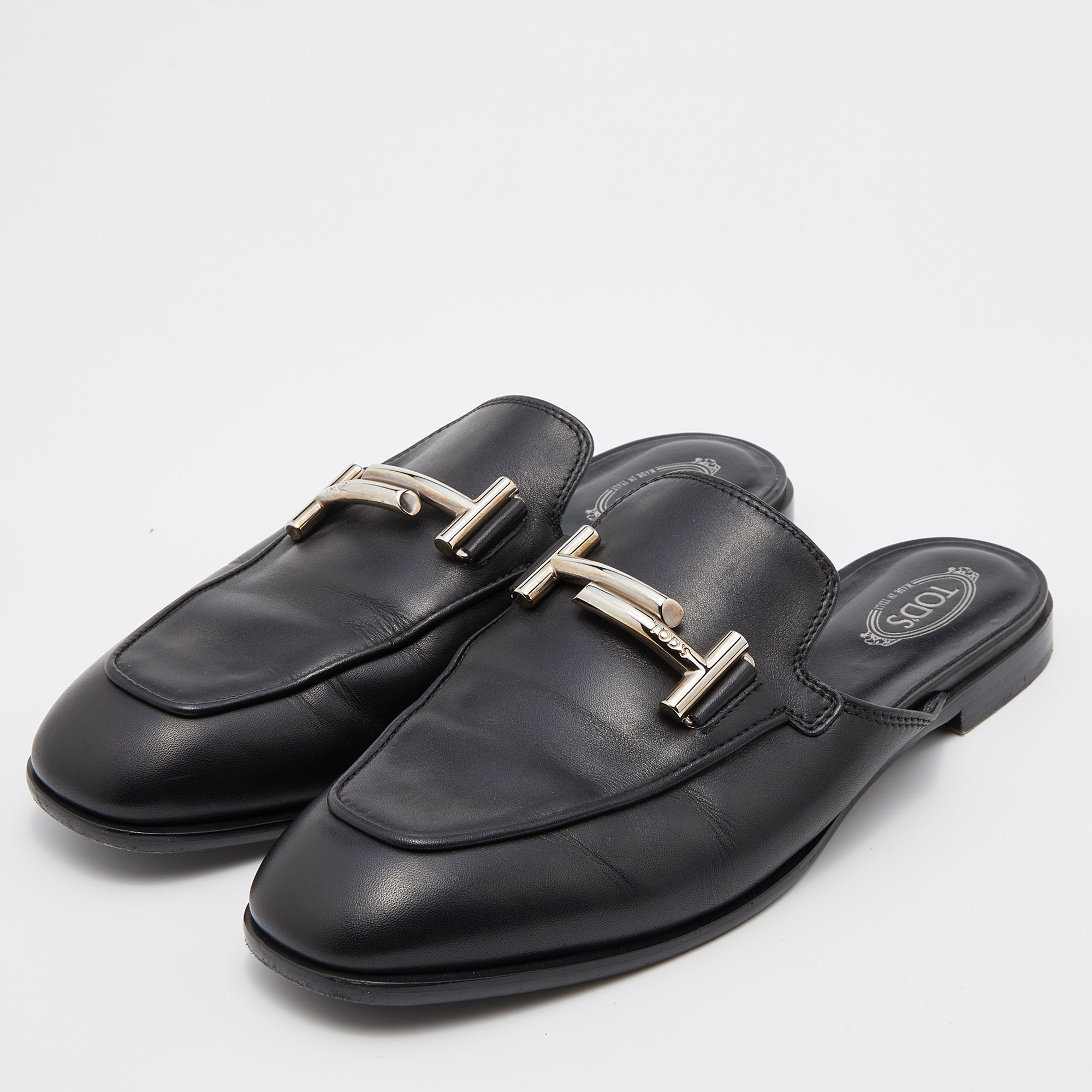 

Tod's Black Leather Double T Flat Mules Size