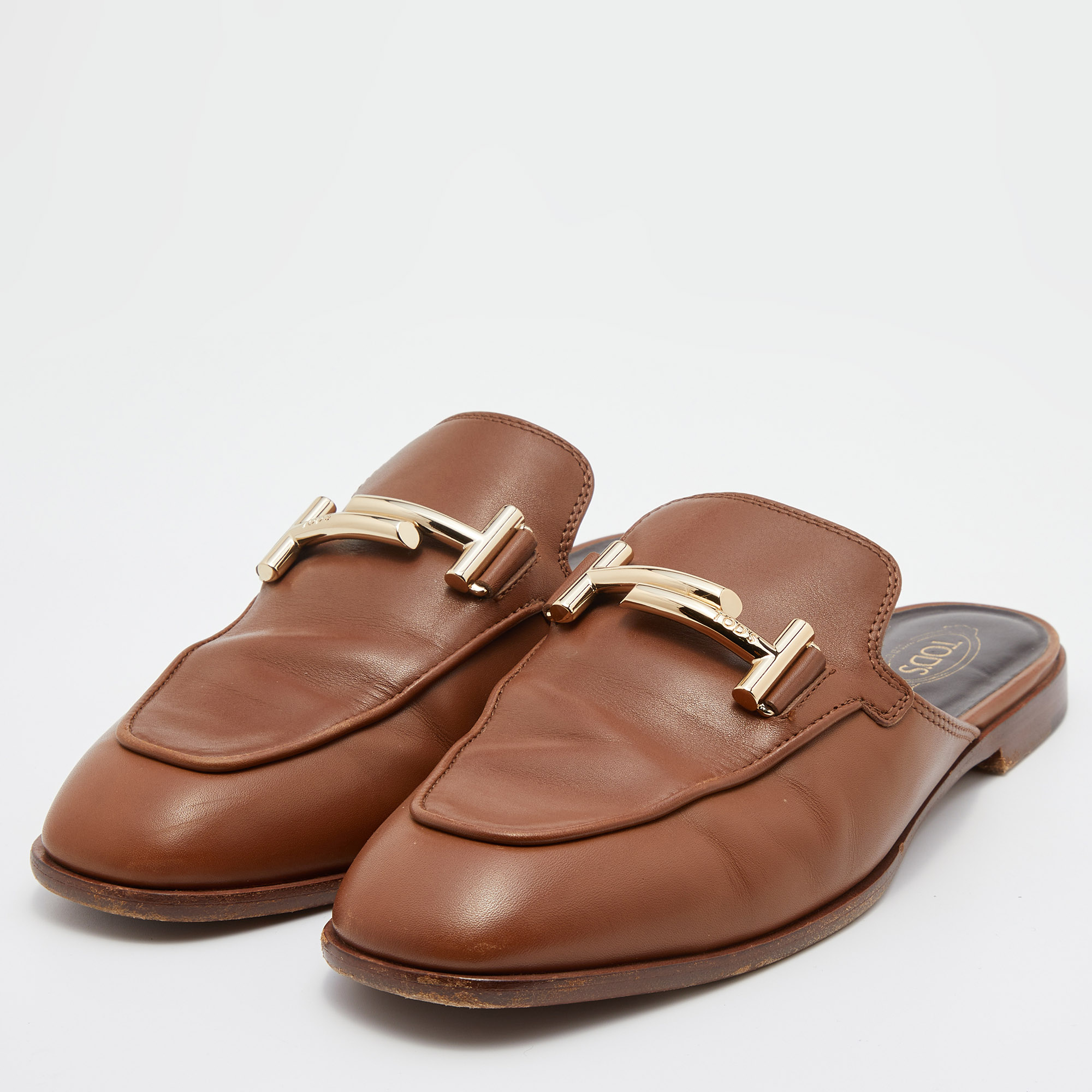 

Tod's Brown Leather Double T Flat Mules Size