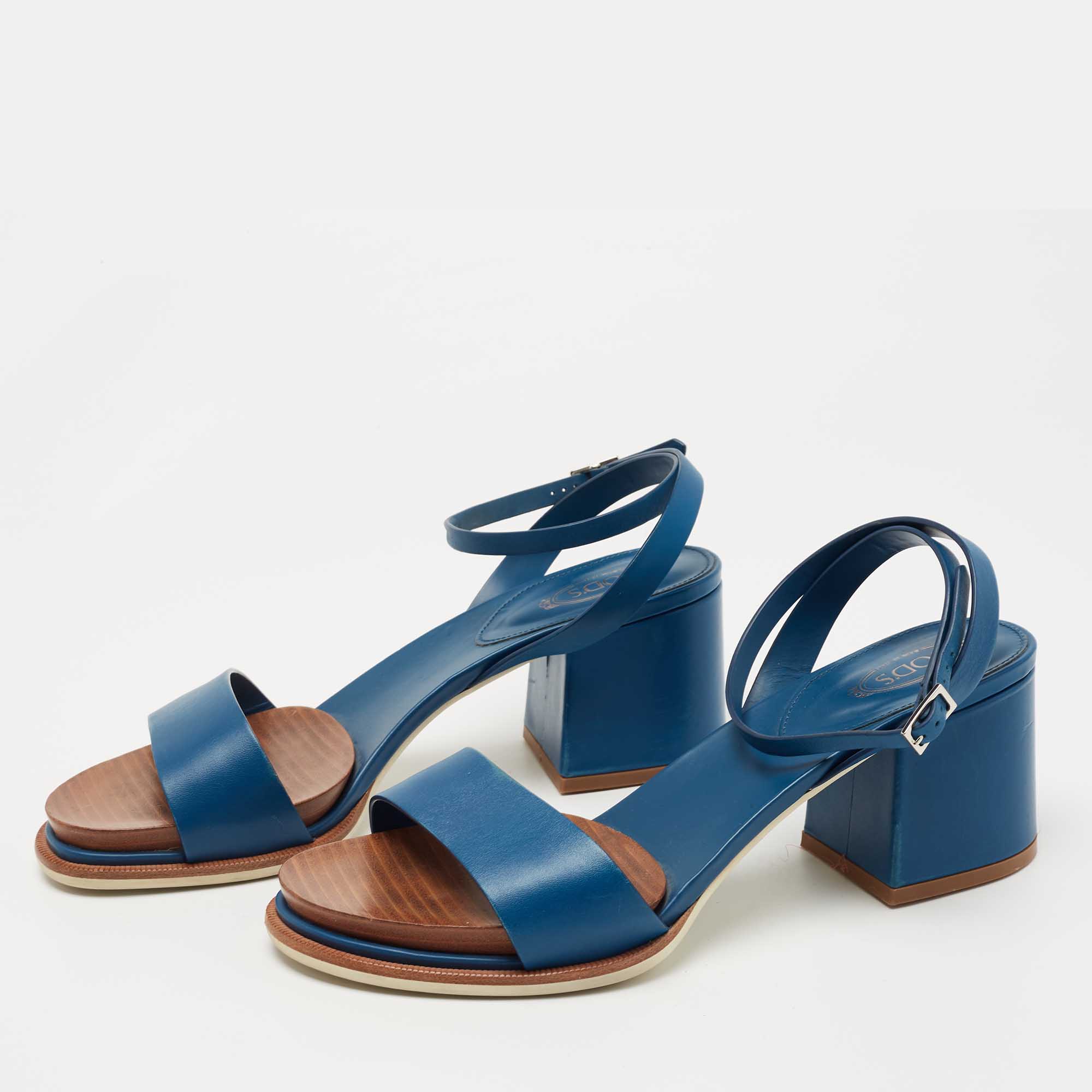 

Tod's Blue Leather Block Heel Ankle Strap Sandals Size