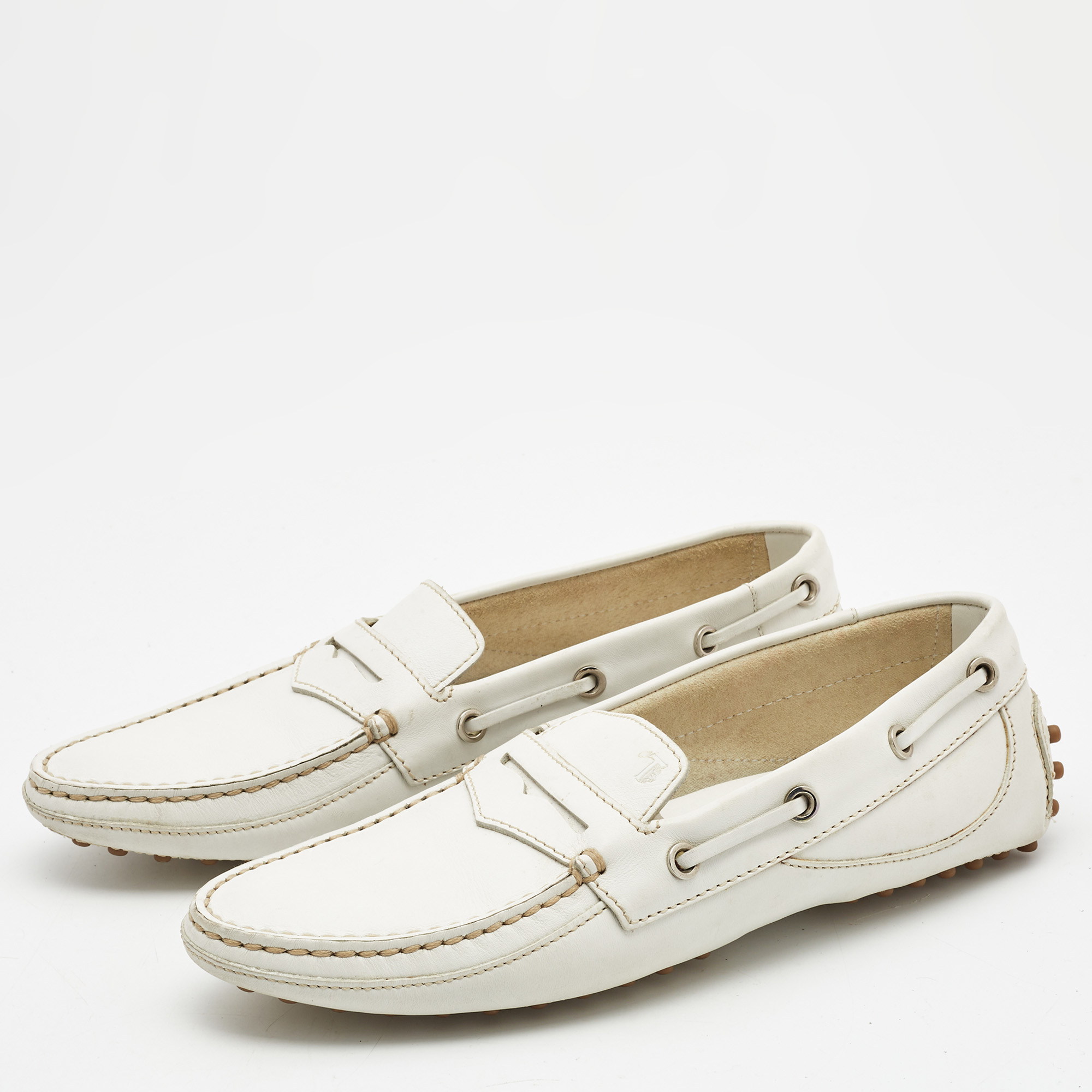 

Tod's White Leather Penny Slip On Loafers Size
