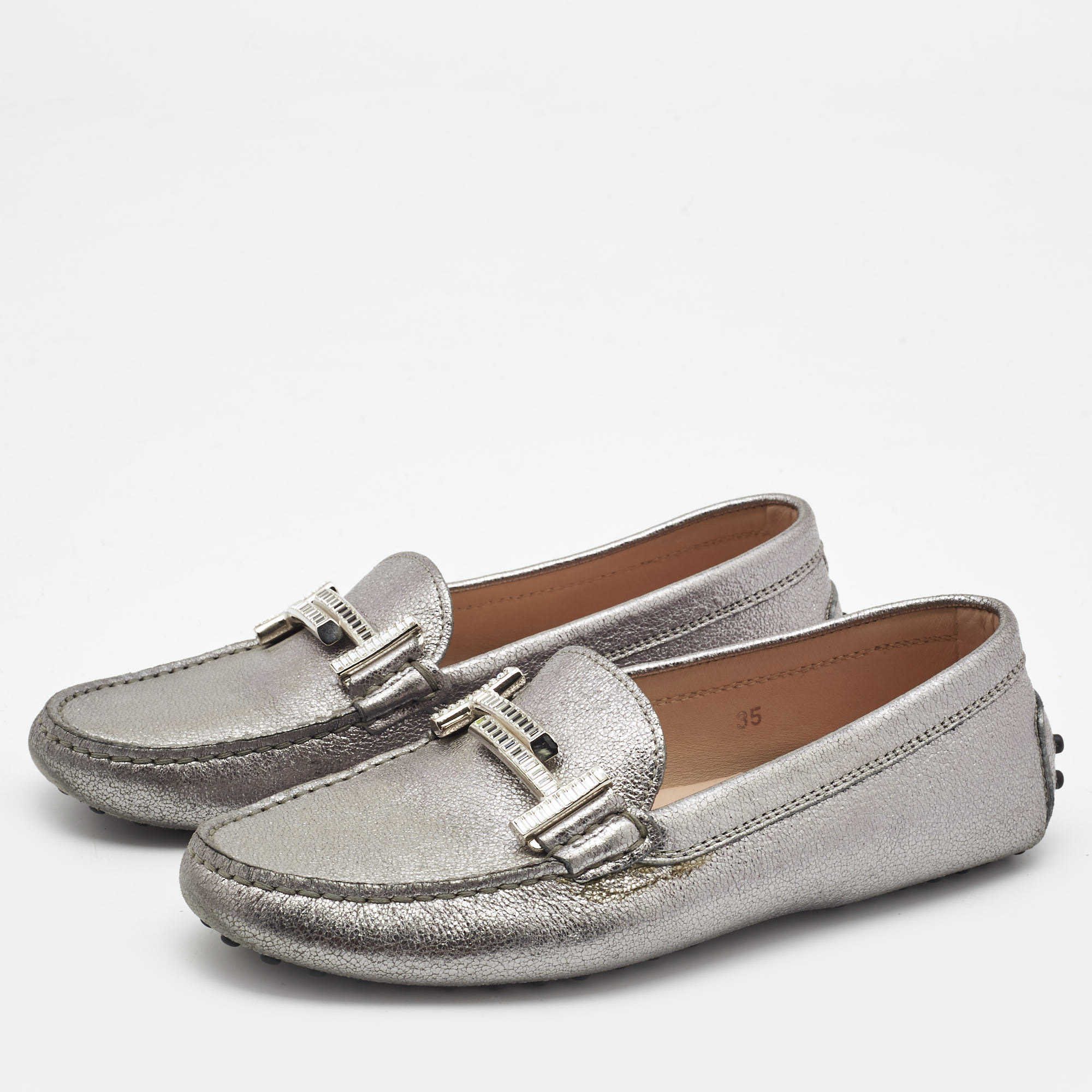 

Tod's Silver Leather Embellished Double T Slip On Loafers Size