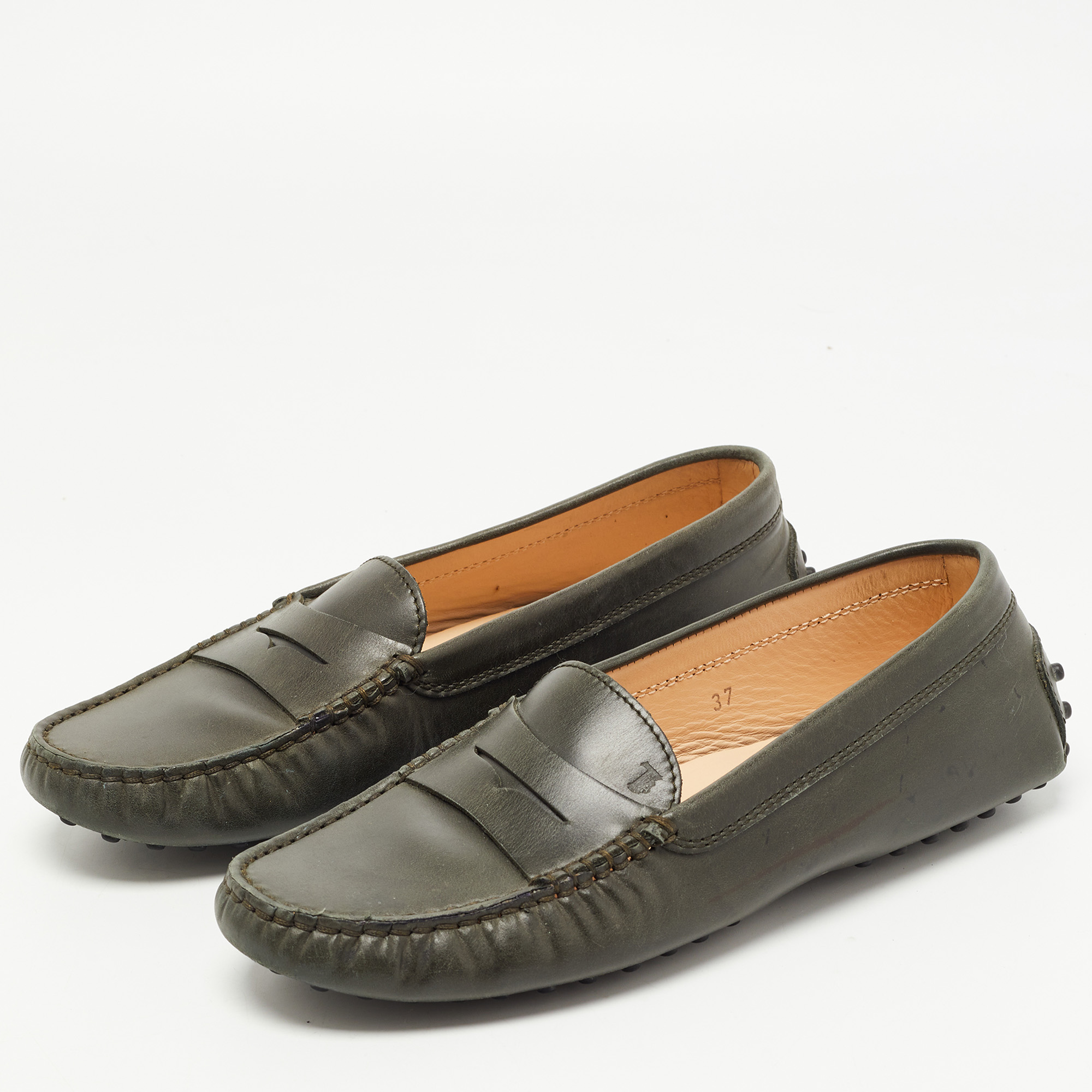 

Tod's Olive Green Leather Penny Slip On Loafers Size