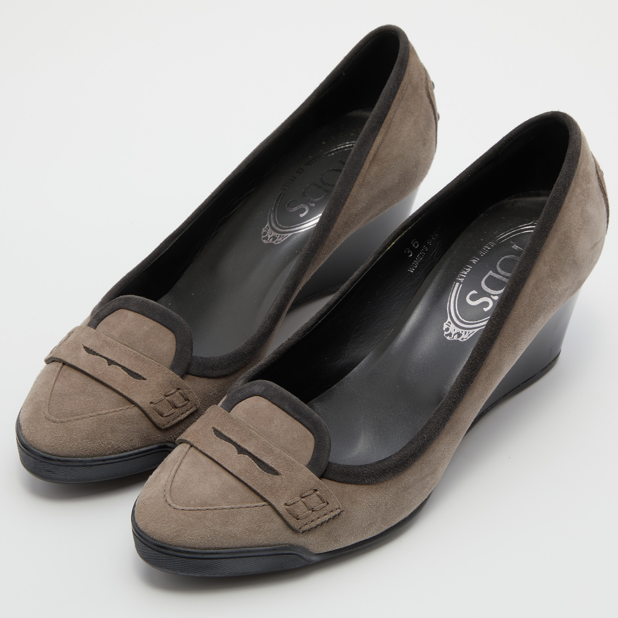 

Tod's Grey Suede Penny Loafer Wedge Pumps Size
