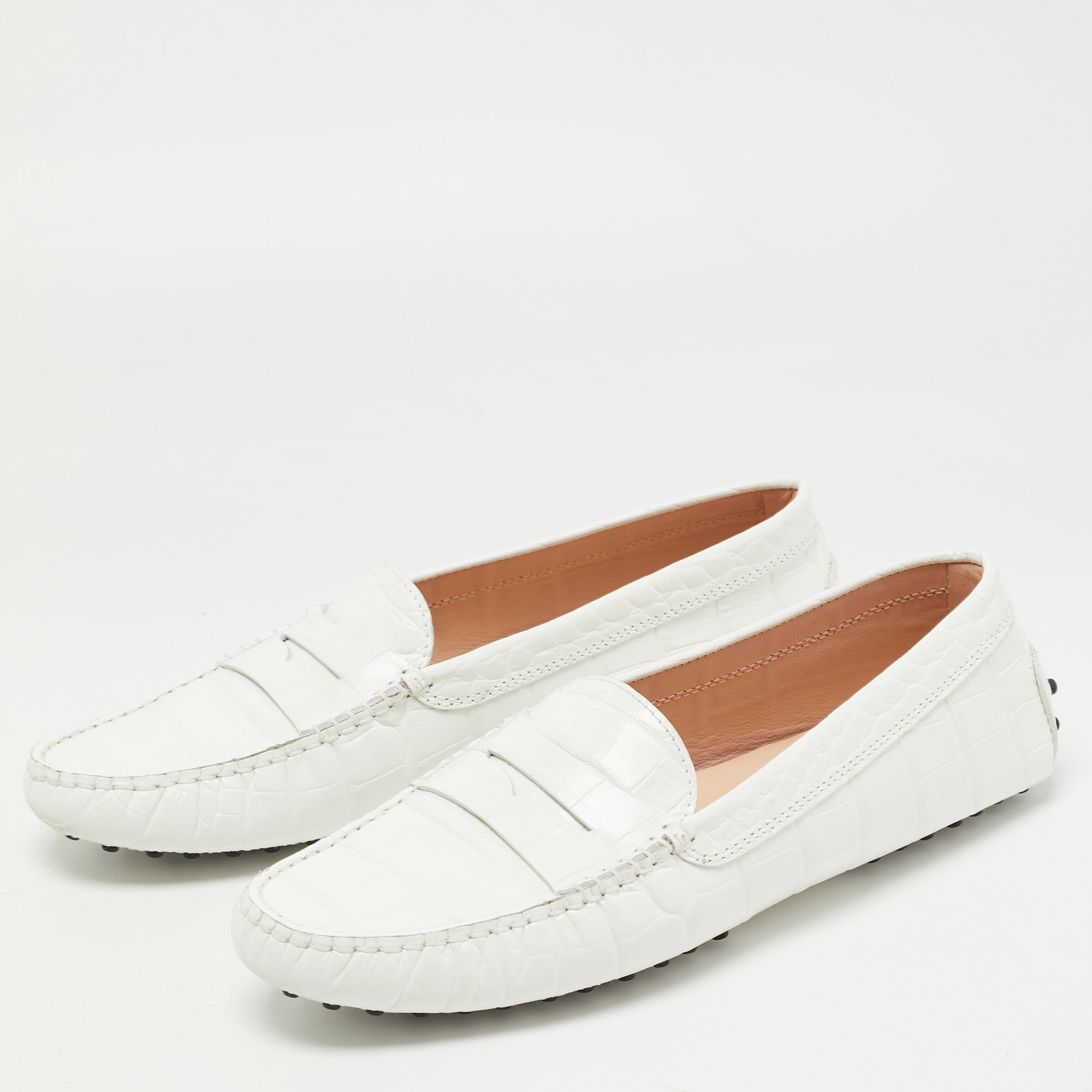 

Tod's White Croc Embossed Leather Penny Loafers Size