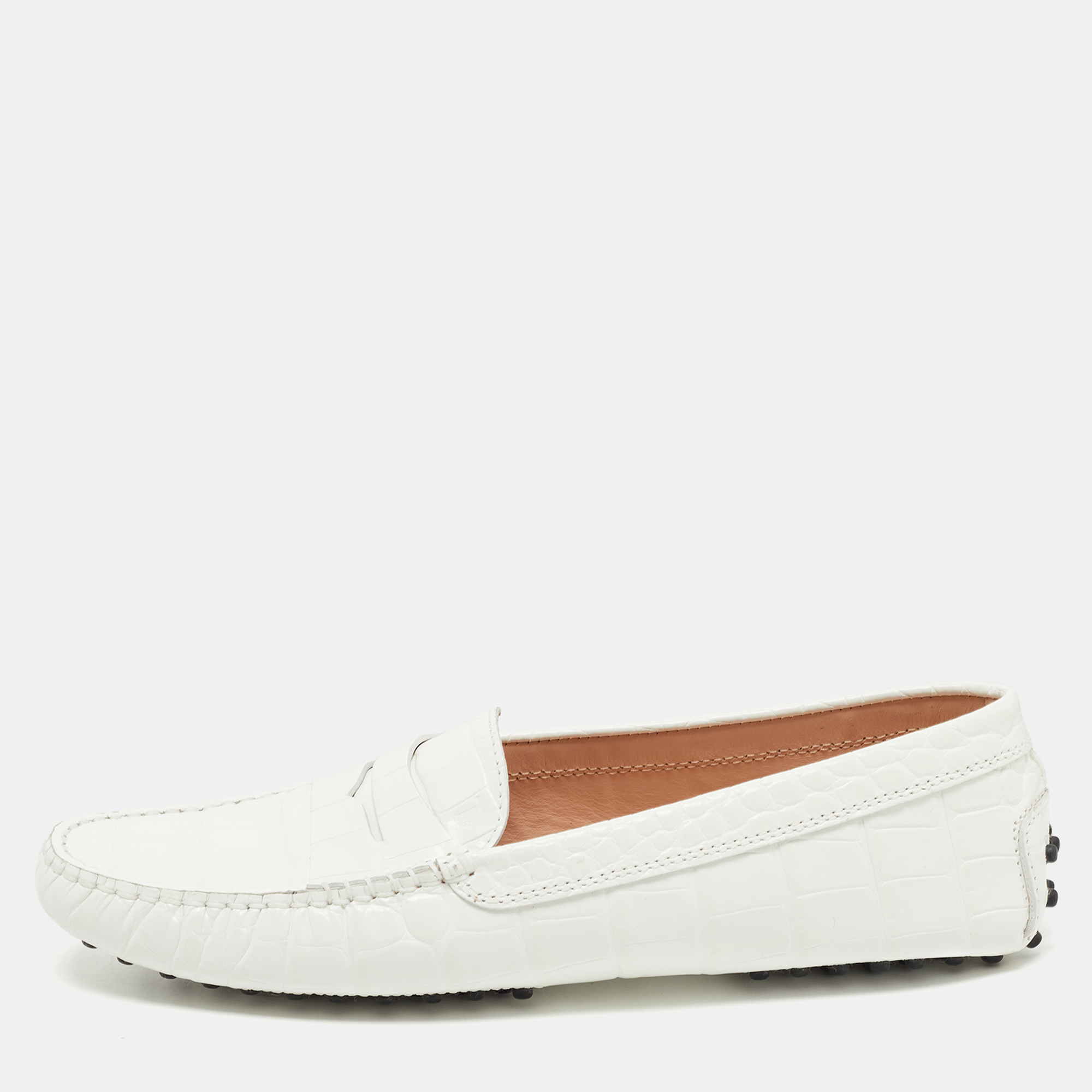 Pre Owned Tod's White Croc Embossed Leather Penny Loafers Size 40
