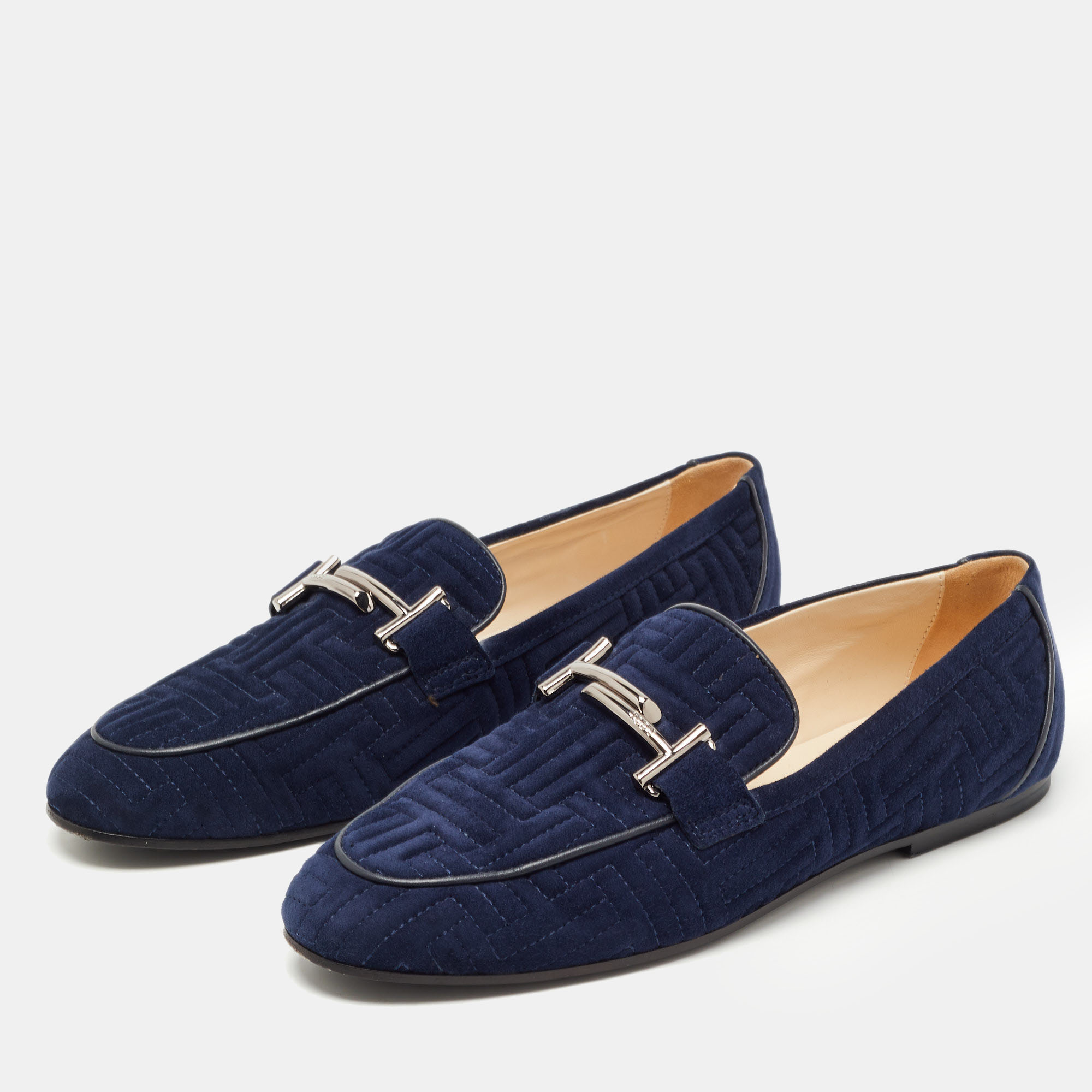 

Tod's Navy Blue Quilted Suede Double T Slip On Loafers Size
