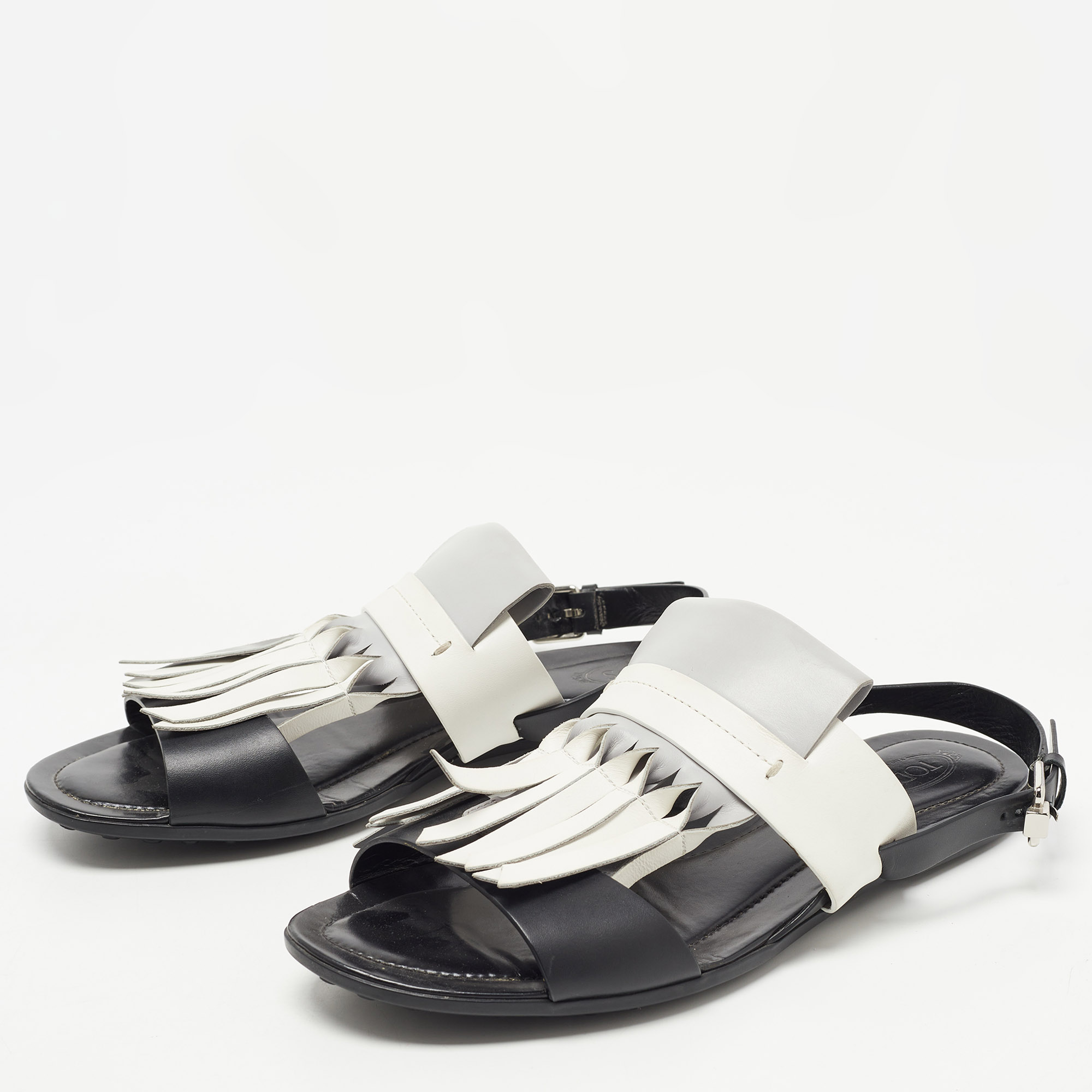 

Tod's Tricolor Leather Fringe Slingback Flat Sandals Size, Black