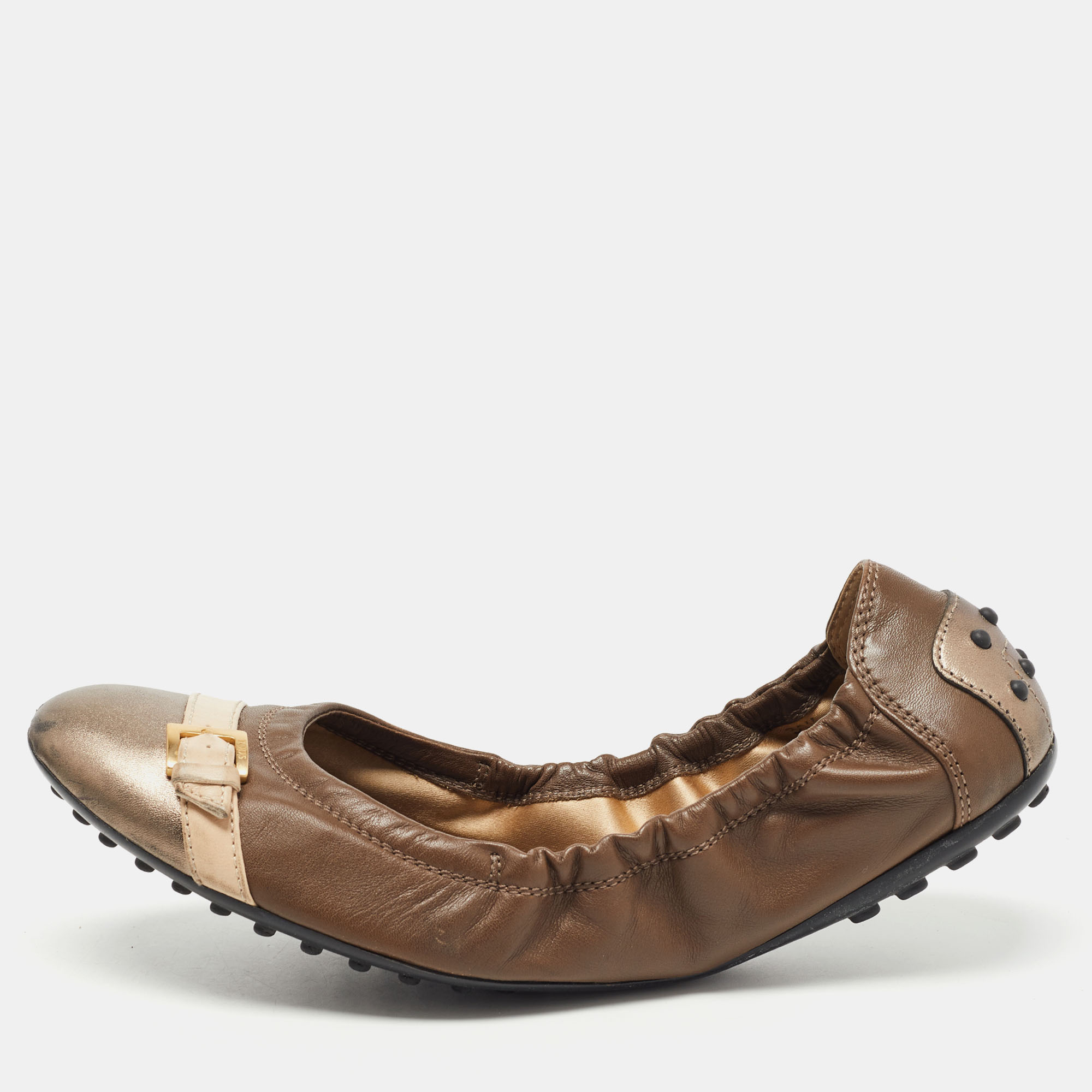 

Tod's Brown/Metallic Leather Cap Toe Buckle Detail Scrunch Ballet Flats Size
