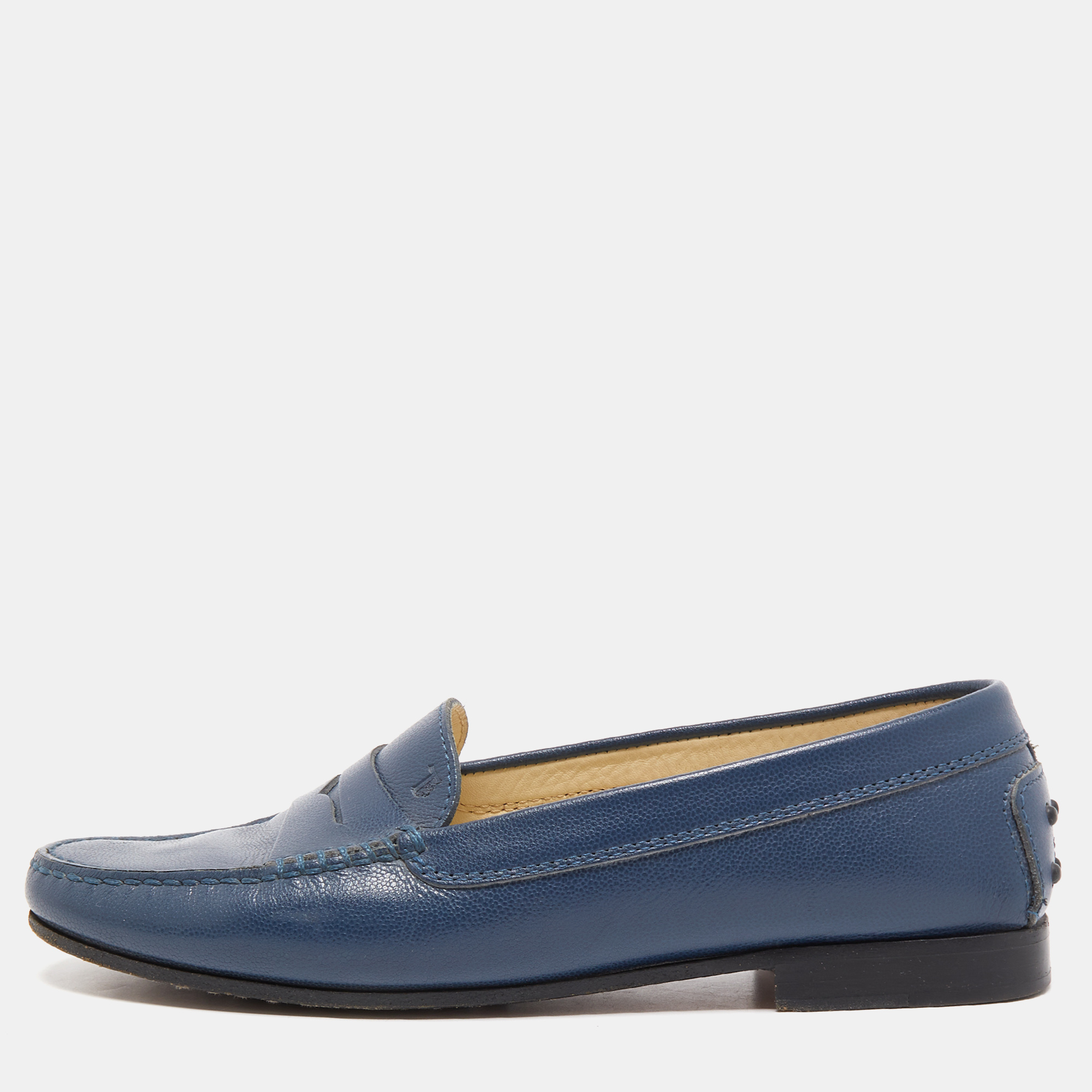 Pre-owned Tod's Blue Leather Penny Loafers Size 39