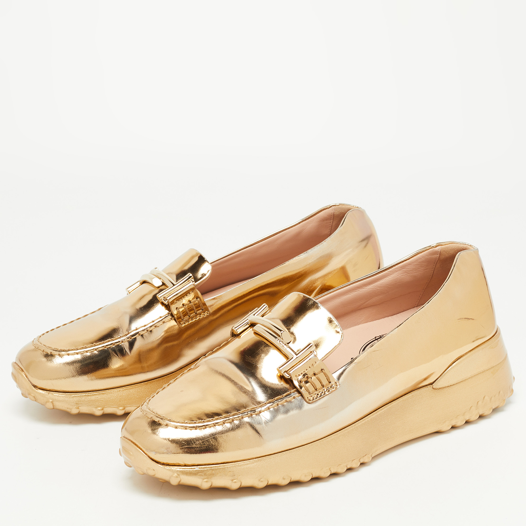 

Tod's Gold Leather Double T Buckle Loafers Size