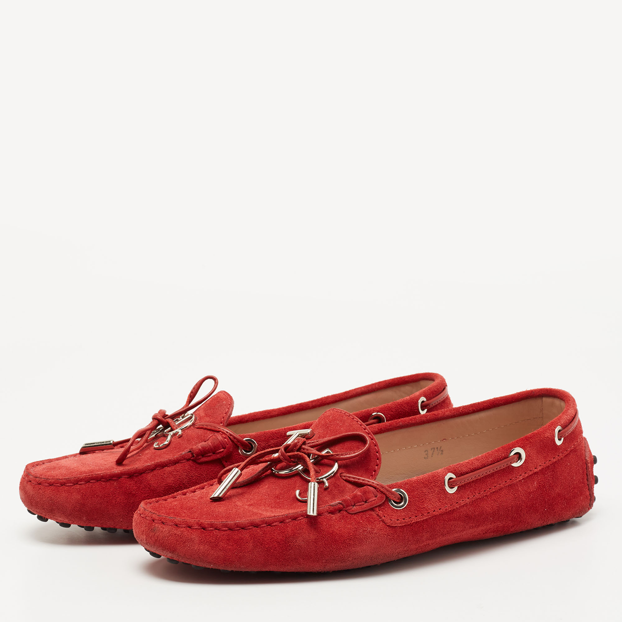 

Tod's Red Suede Logo Charm Bow Loafers Size