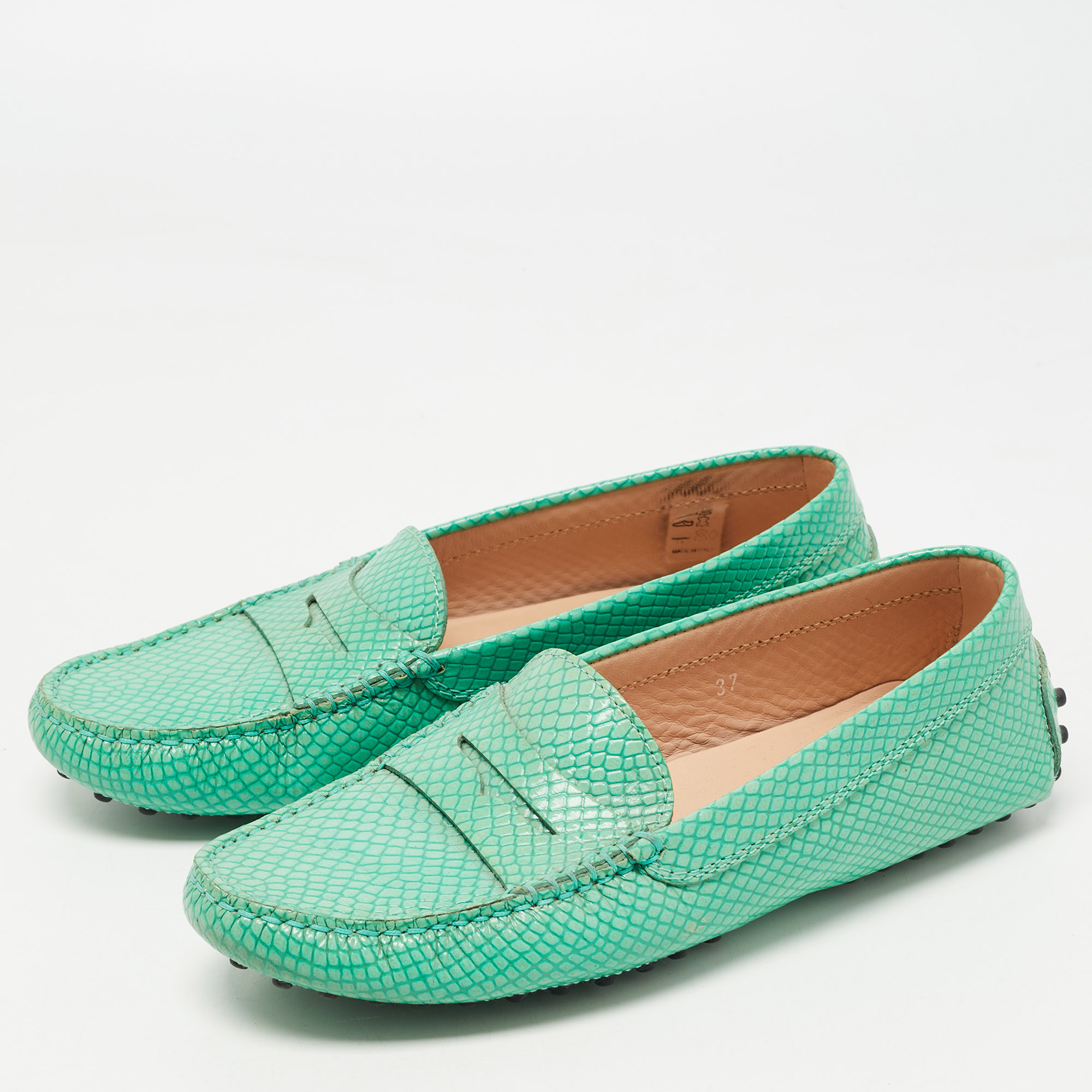 

Tod's Green Python Embossed Leather Penny Loafers Size