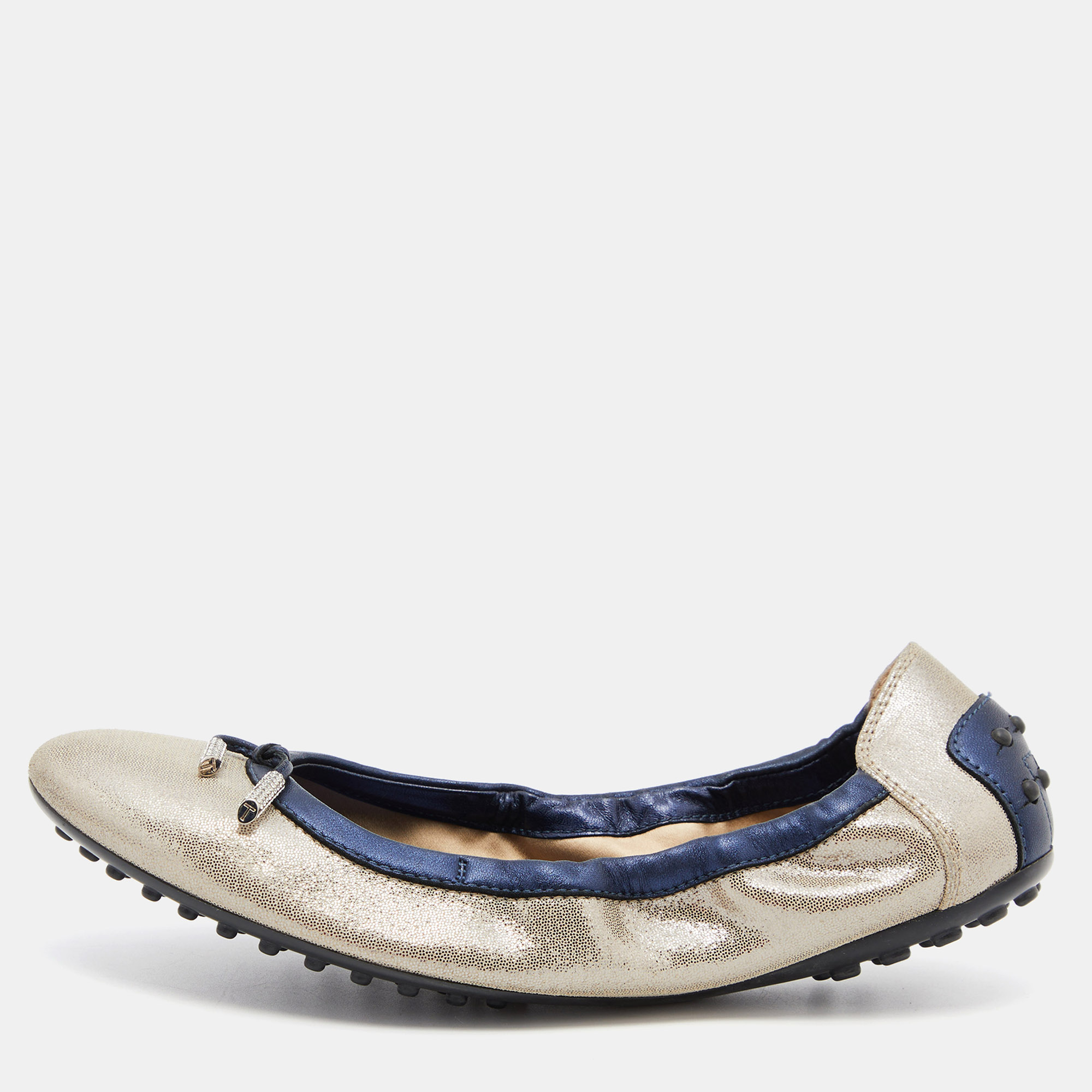 Pre-owned Tod's Silver/blue Textured Nubuck Leather Scrunch Ballet Flats Size 38