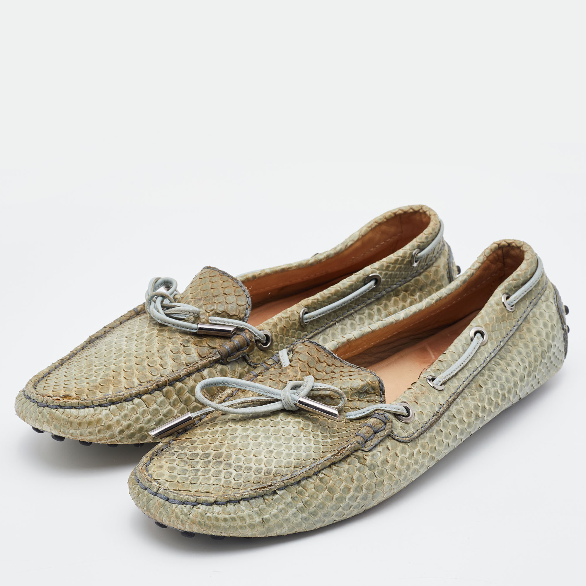 

Tod's Grey Python Leather Bow Slip On Loafers Size