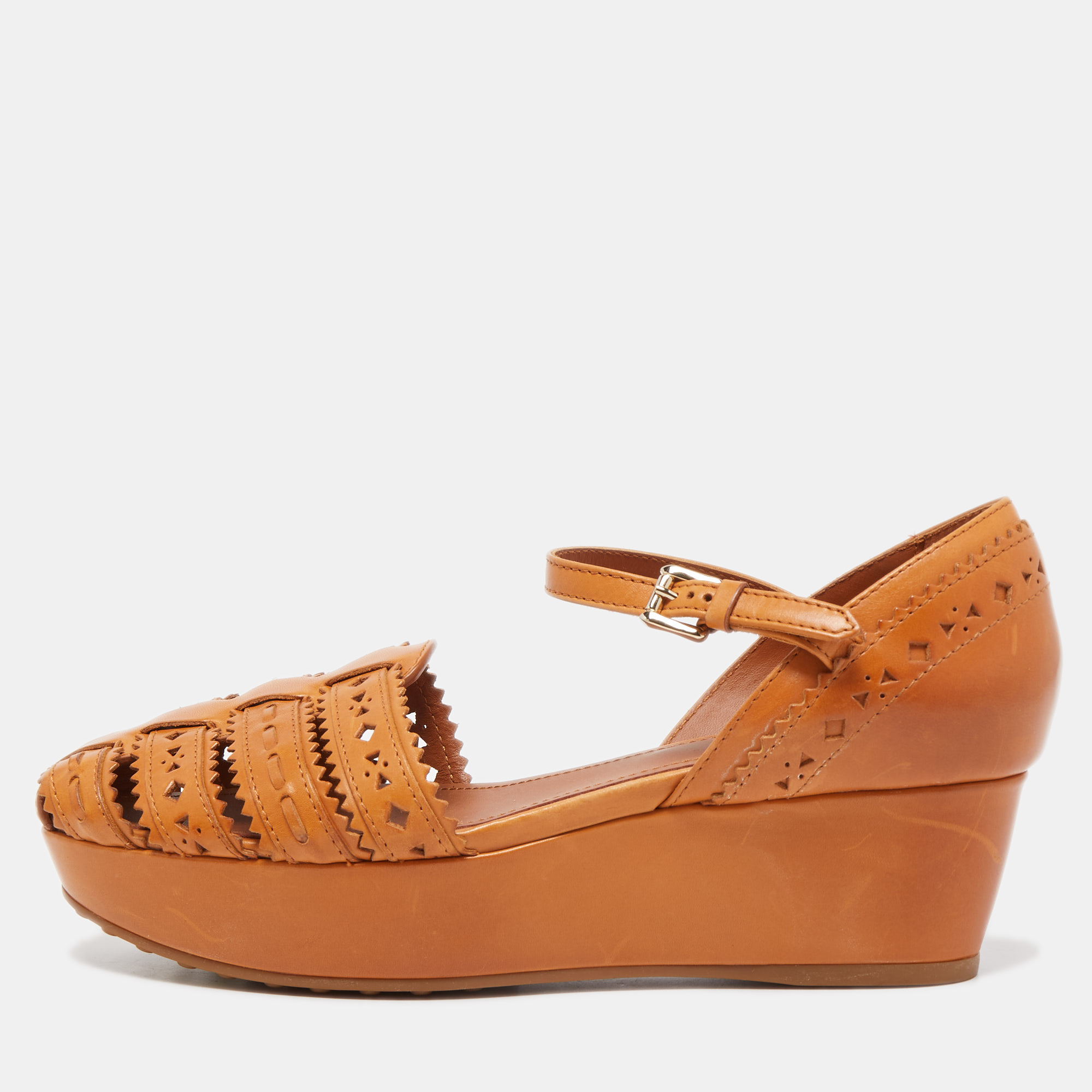 Pre Owned Tod's Brown Cutout Leather Ankle Strap Wedge Sandals Size 38.5