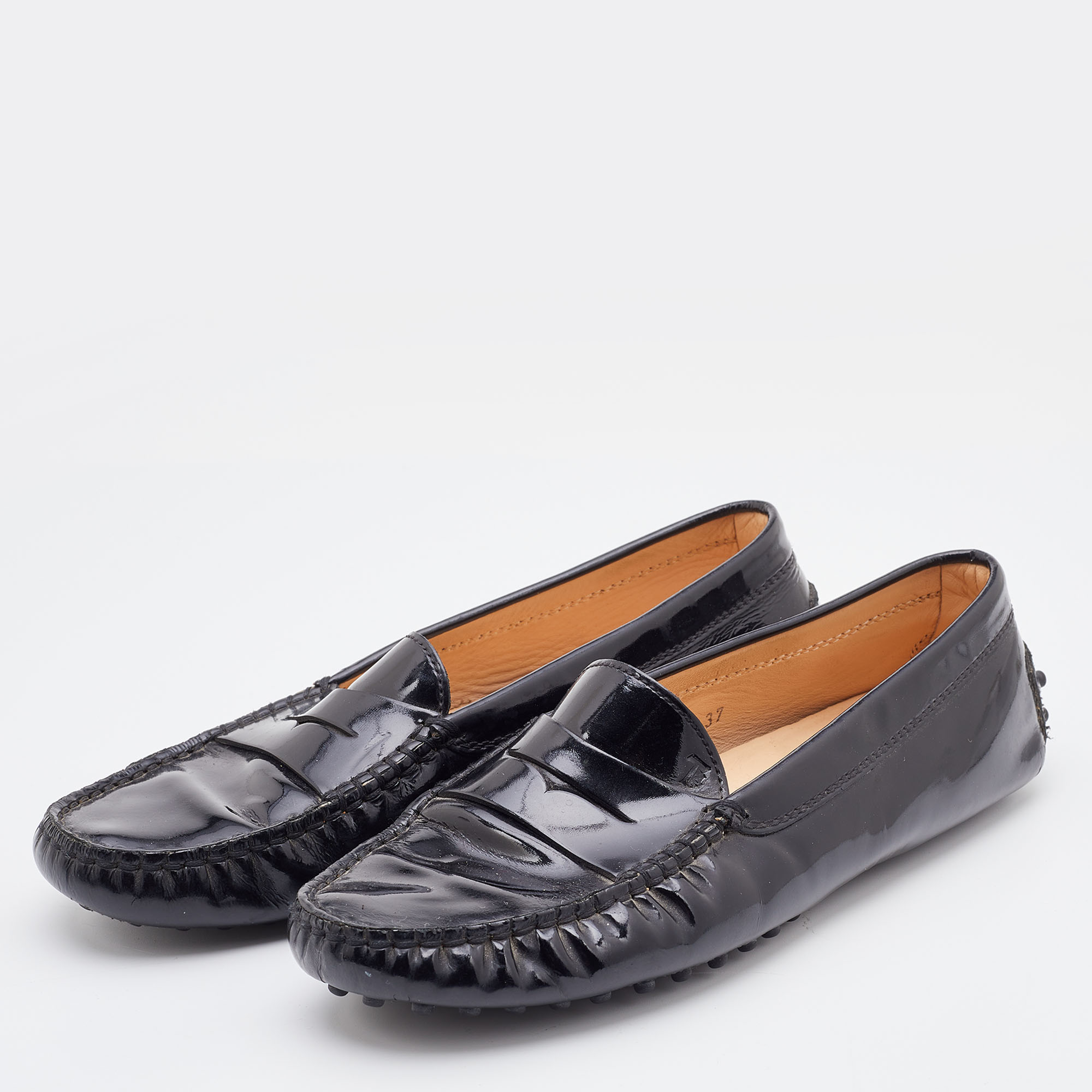 

Tod's Black Patent Leather Penny Slip On Loafers Size