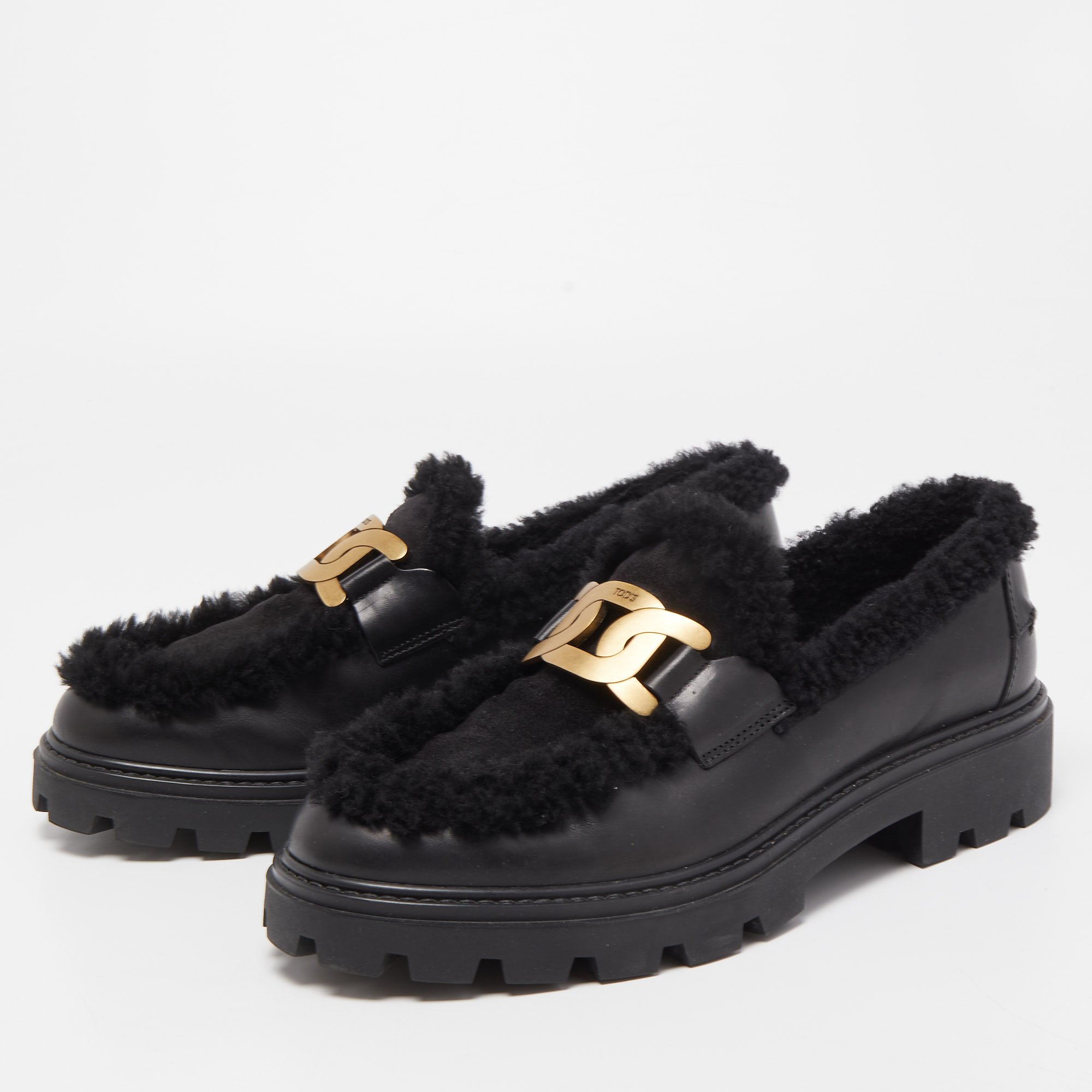 

Tod's Black Leather and Shearling Fur Kate Platform Loafers Size