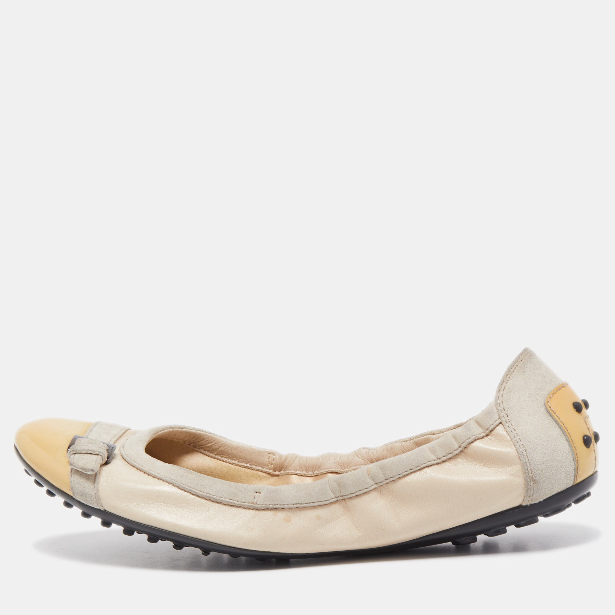 

Tod's Beige/Yellow Patent Leather and Suede Cap Toe Scrunch Ballet Flats Size, Grey
