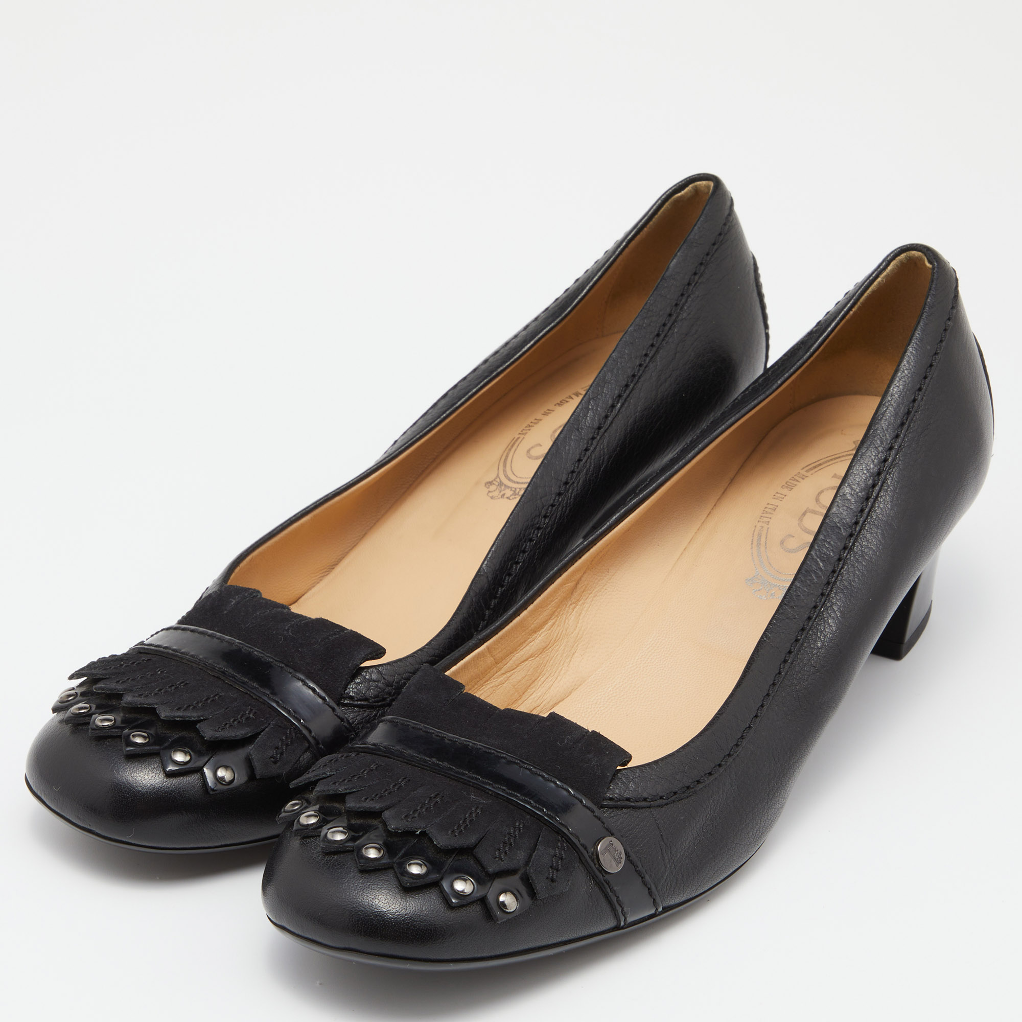 

Tod's Black Leather and Suede Fringes Pumps Size