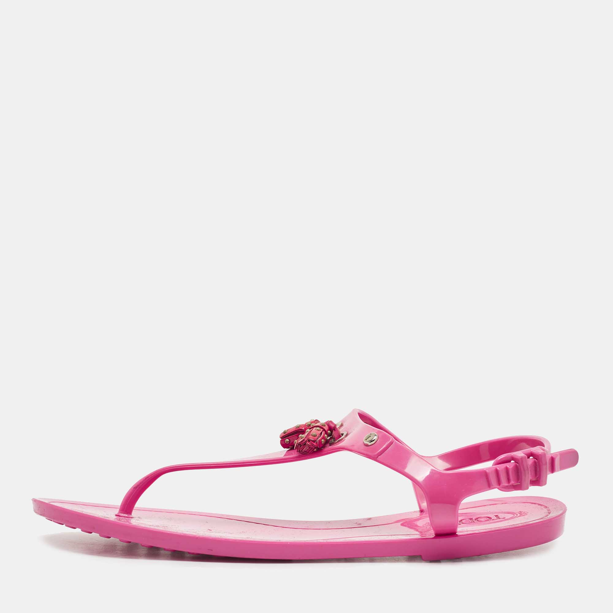 

Tod's Pink Rubber Studded Tassel Thong Flat Sandals Size