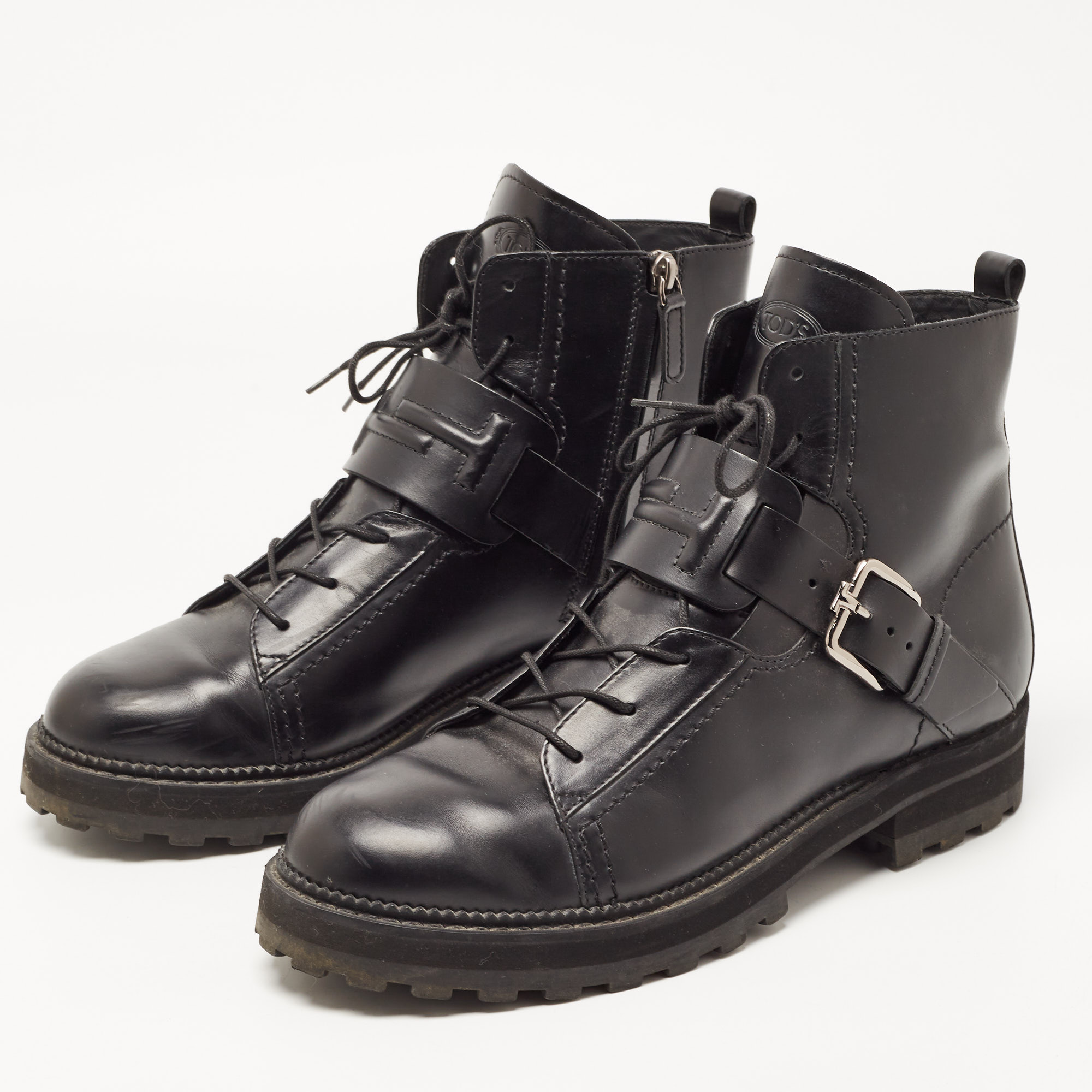 

Tod's Black Leather Buckle Strap Ankle Boots Size