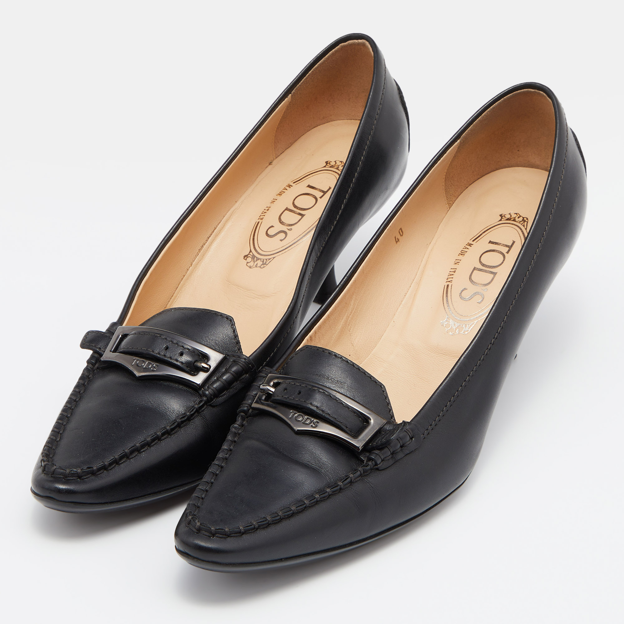 

Tod's Black Leather Pointed Toe Loafer Pumps Size