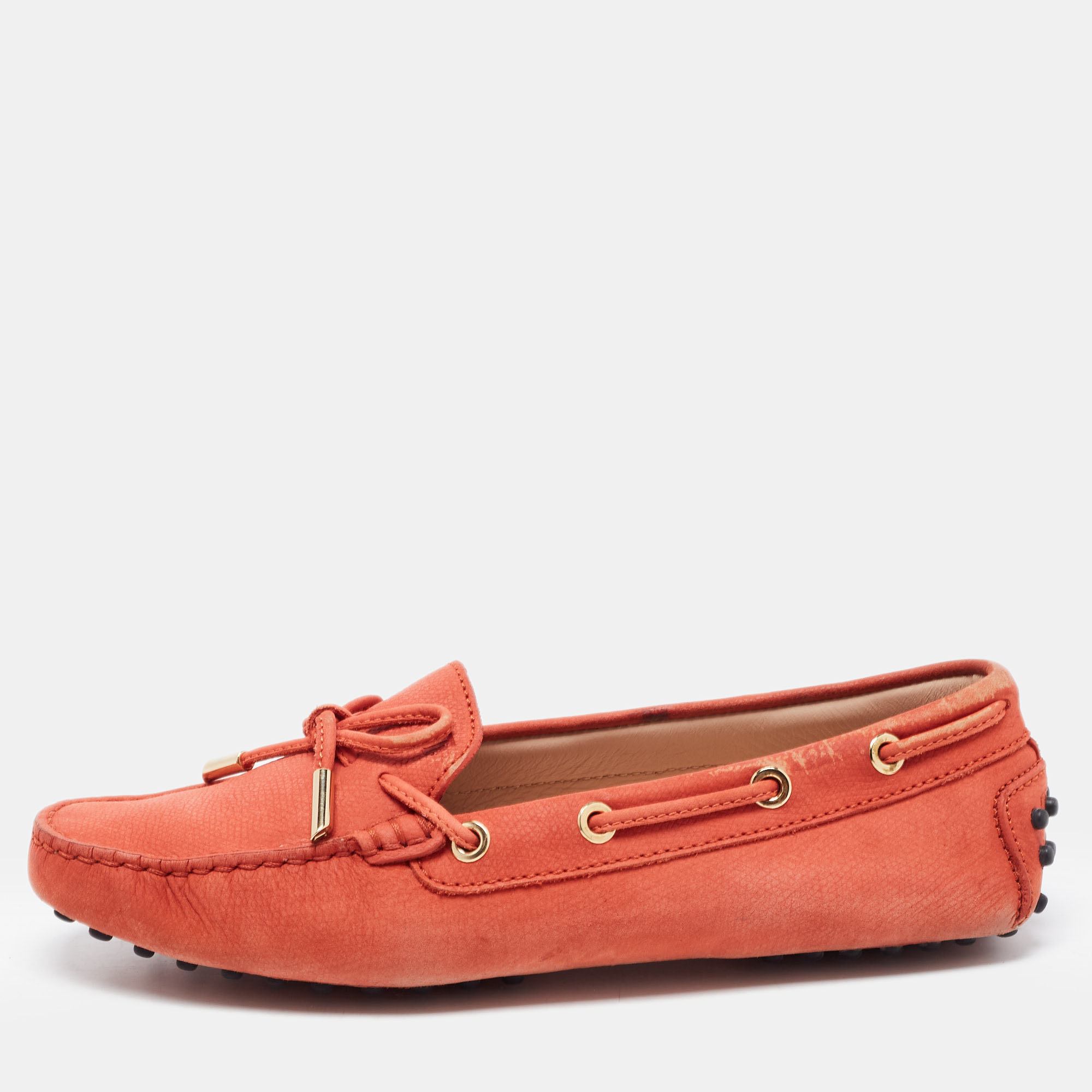 

Tod's Orange Nubuck Leather Bow Detail Slip On Loafers Size