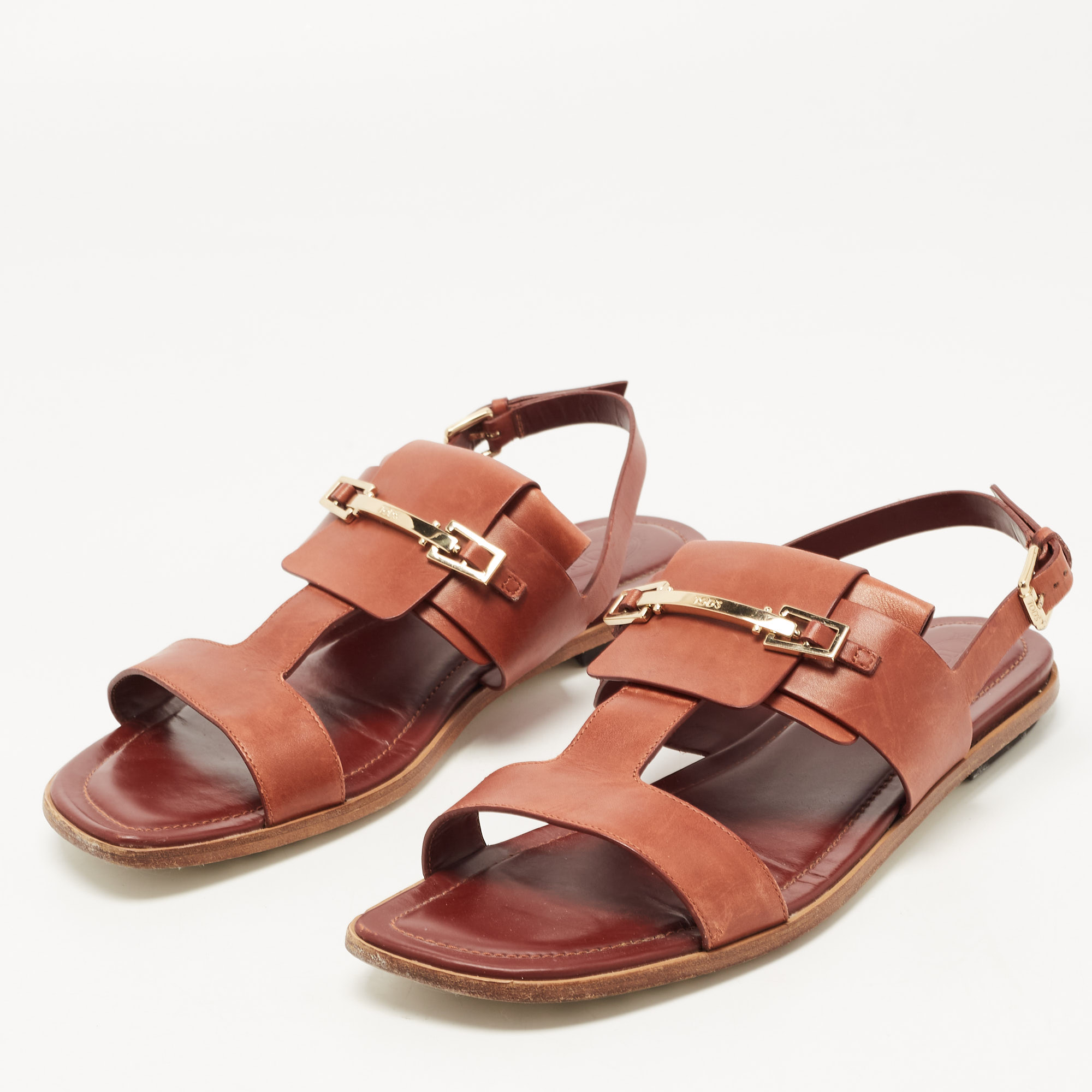 

Tod's Brown Leather T-Strap Buckle Detail Flat Sandals Size