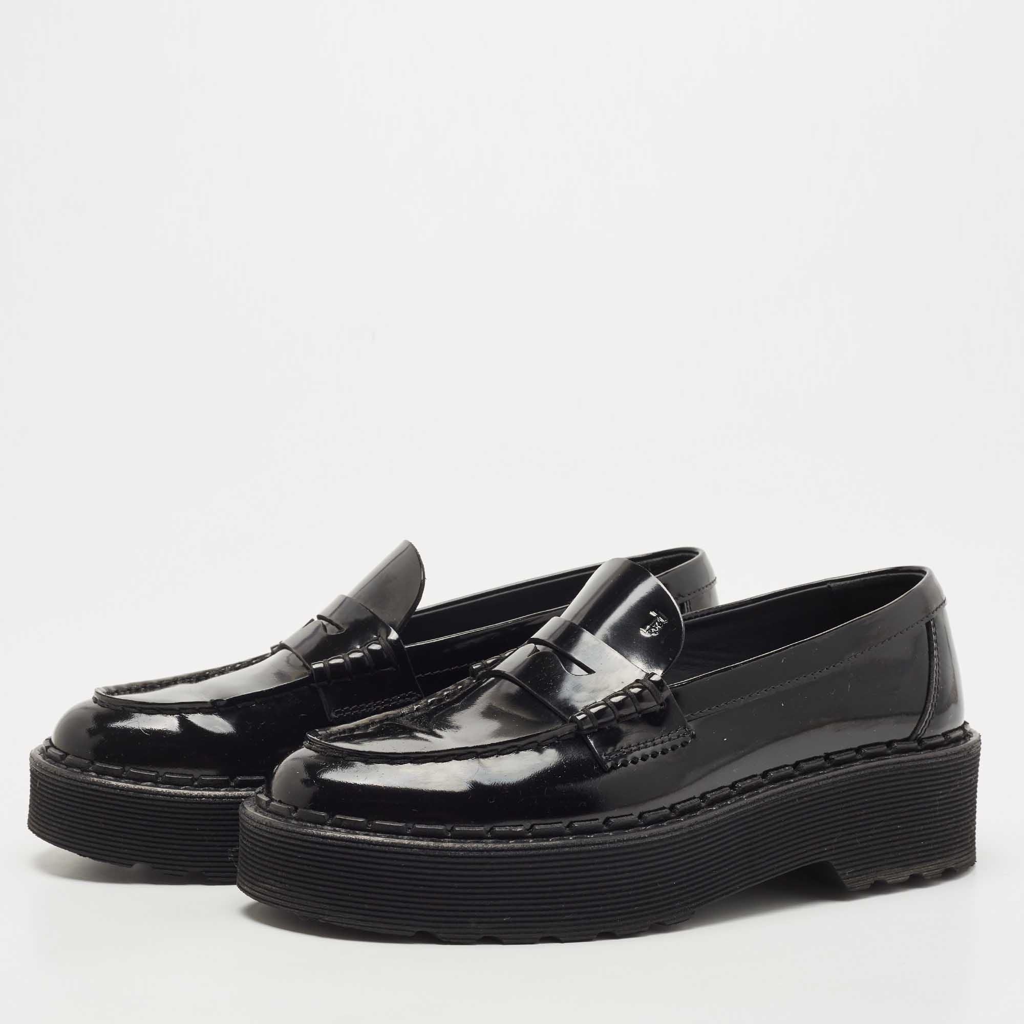 

Tod's Black Patent Leather Gommino Penny Slip On Loafers Size