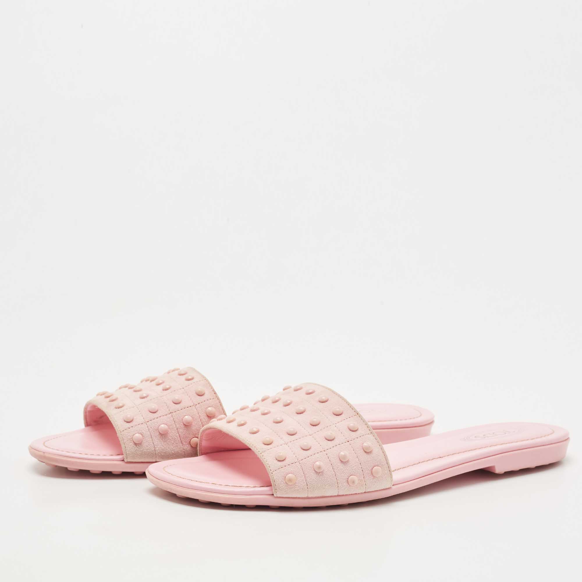 

Tod's Pink Suede Studded Flat Slides Size