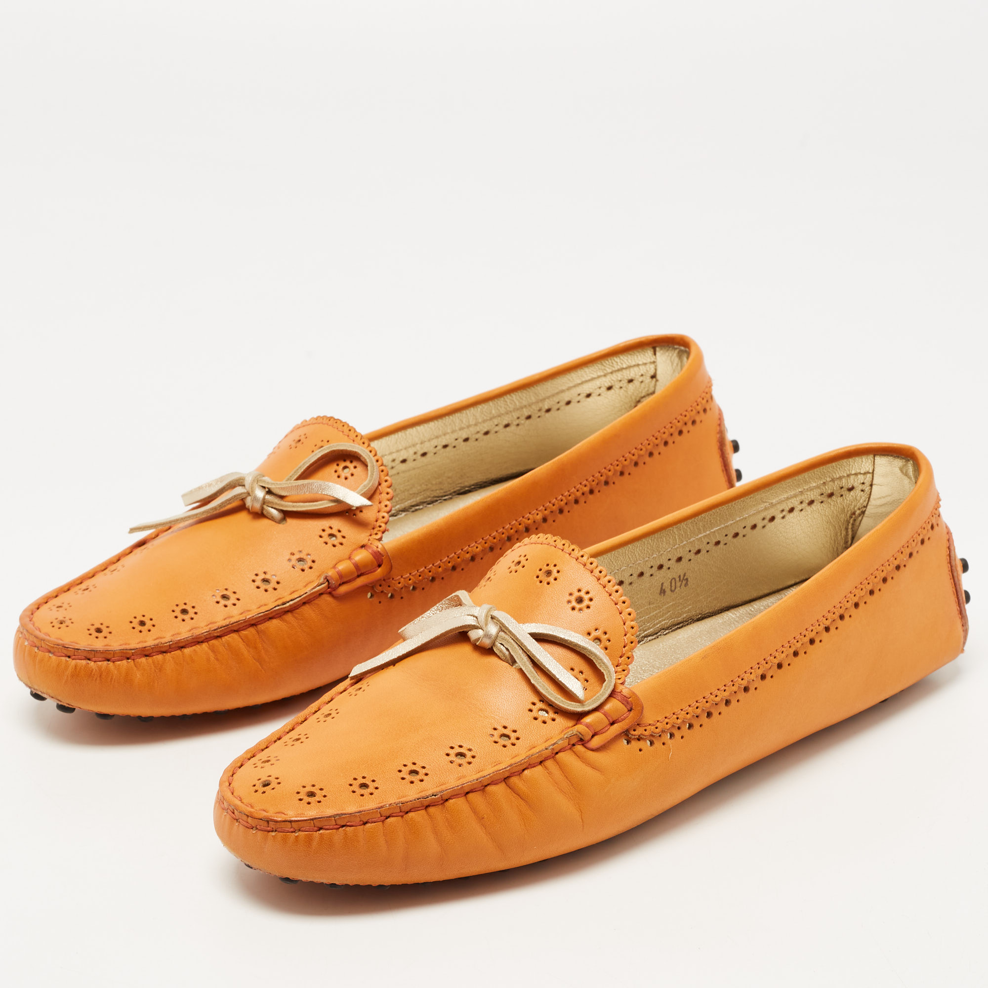 

Tod's Orange Perforated Leather Bow Slip On Loafers Size
